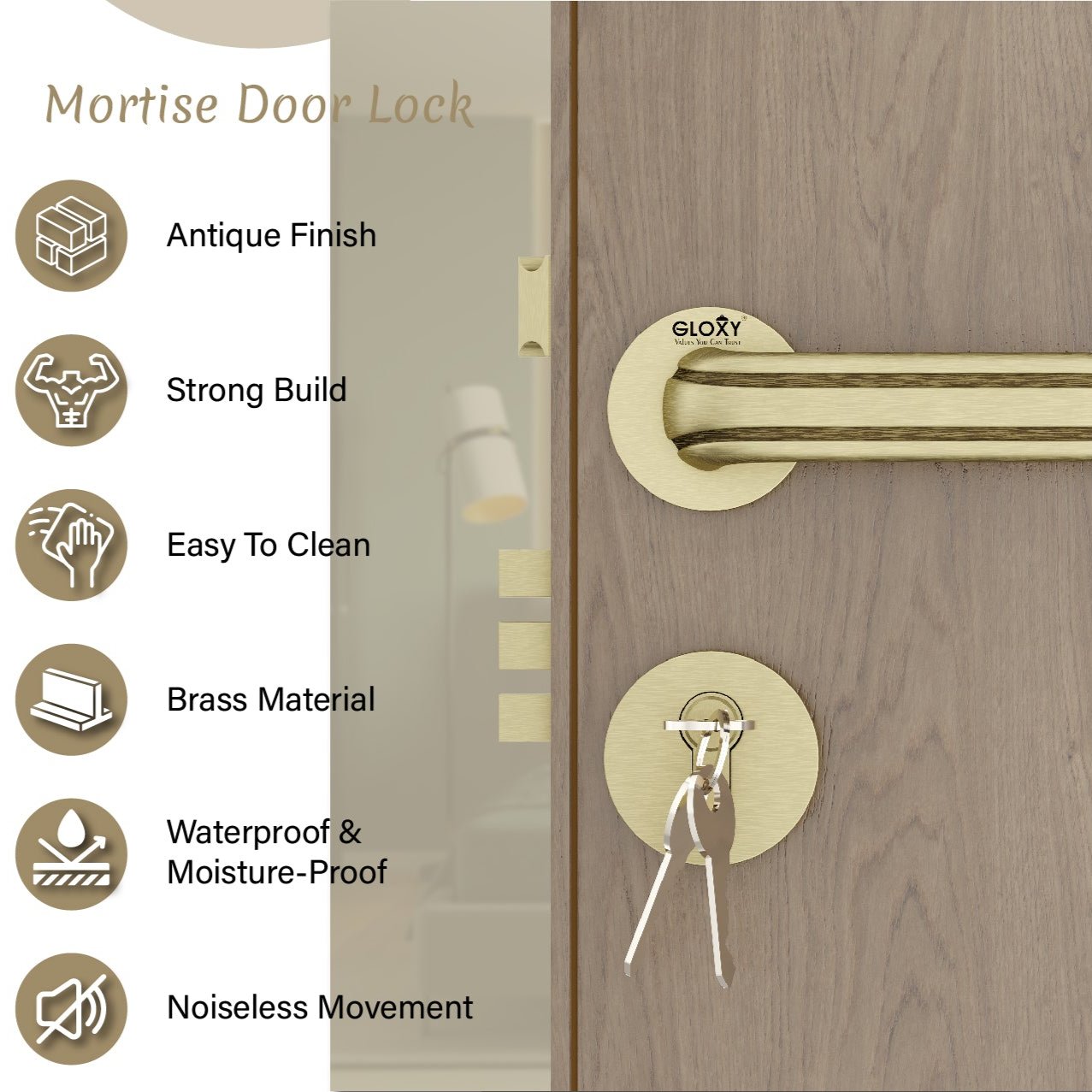 Mortise Door Handles Main Door Lock Handles Set with 3 Keys for Safety of Home | Bedroom, Office, Hotel, Home(Antique)-by GLOXY®