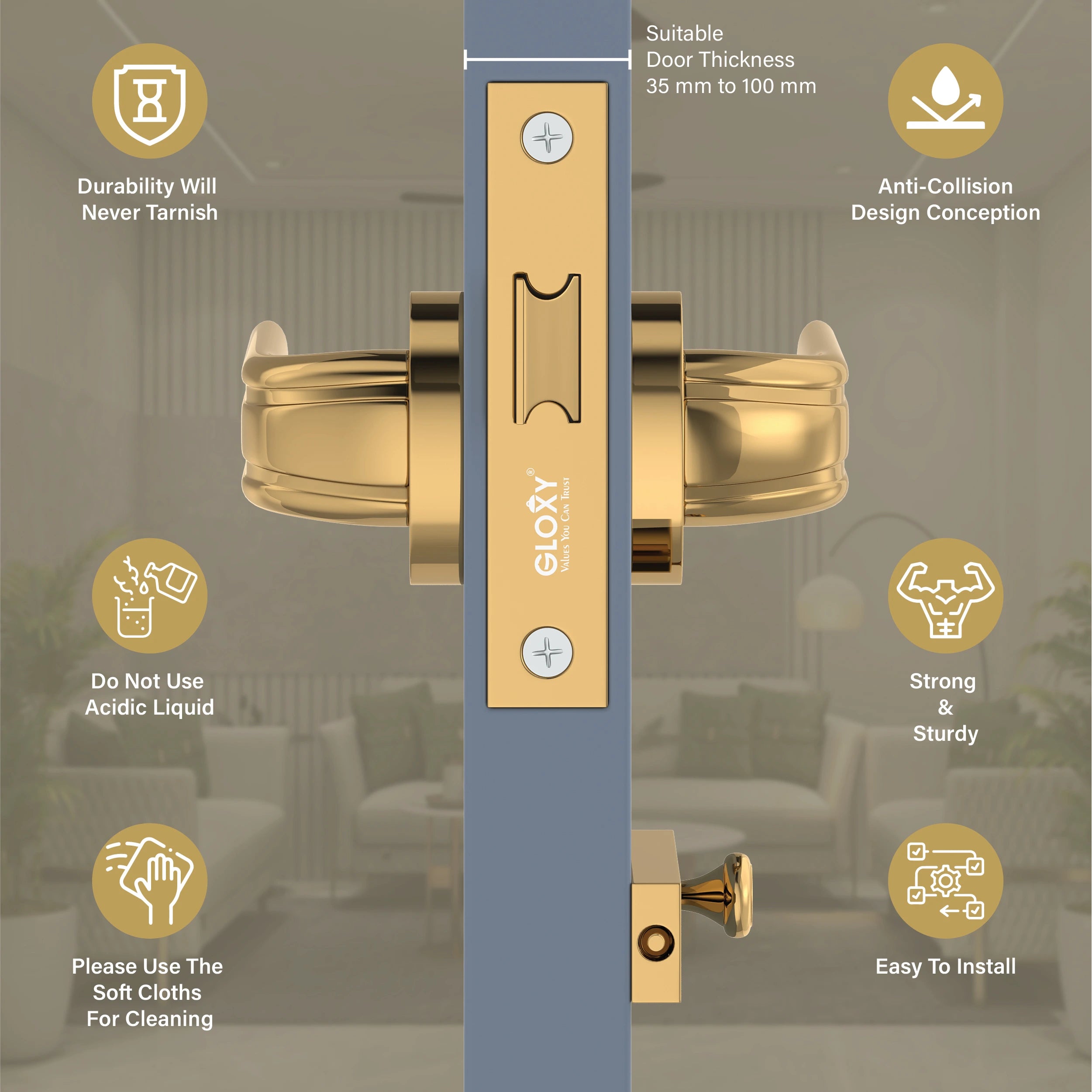 Gloxy Tavin Series Gold Finish Mortise Bathroom Door Latch Lock With Handle