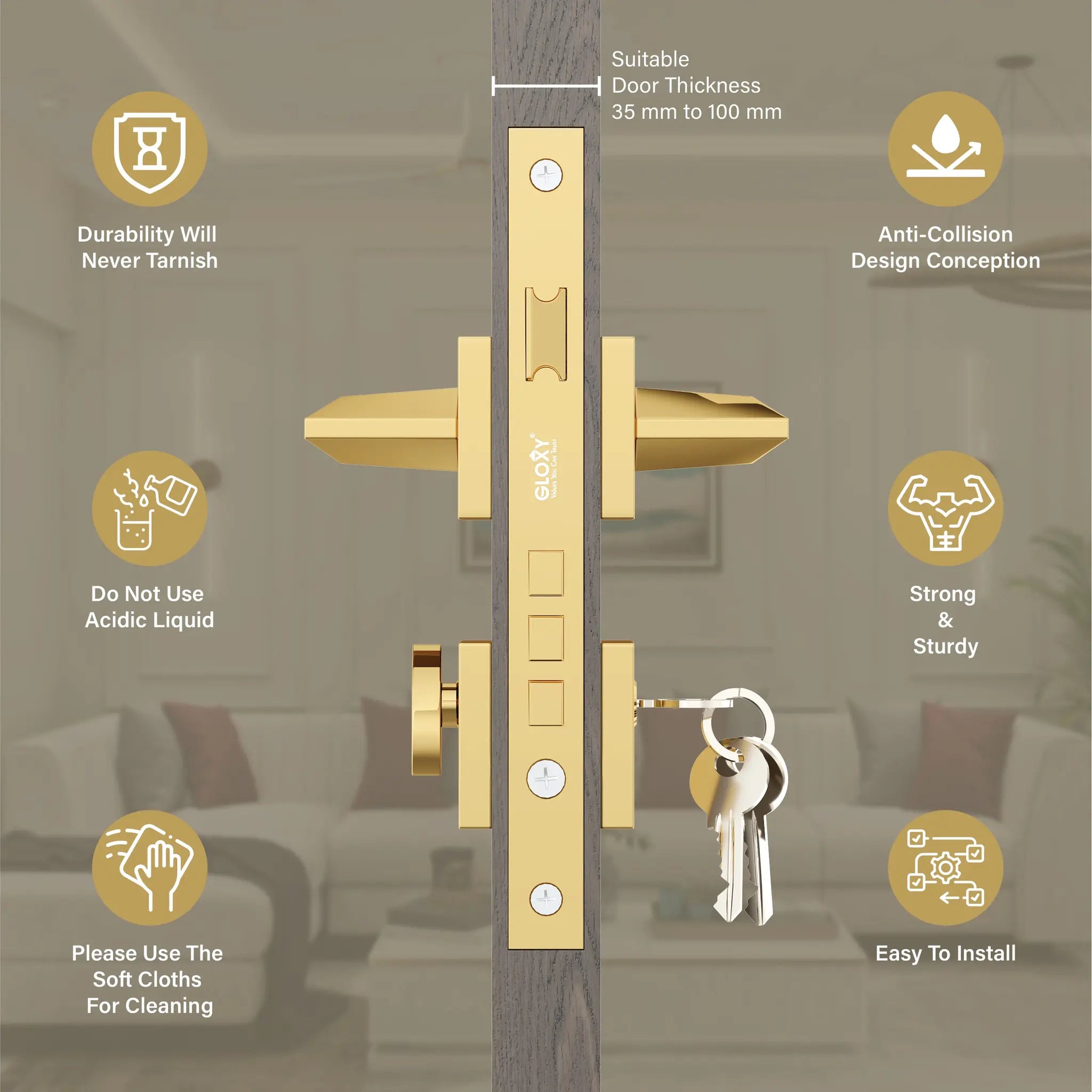 Gloxy Ralor Series Gold Finish Mortise Main Door key Lock With Handle