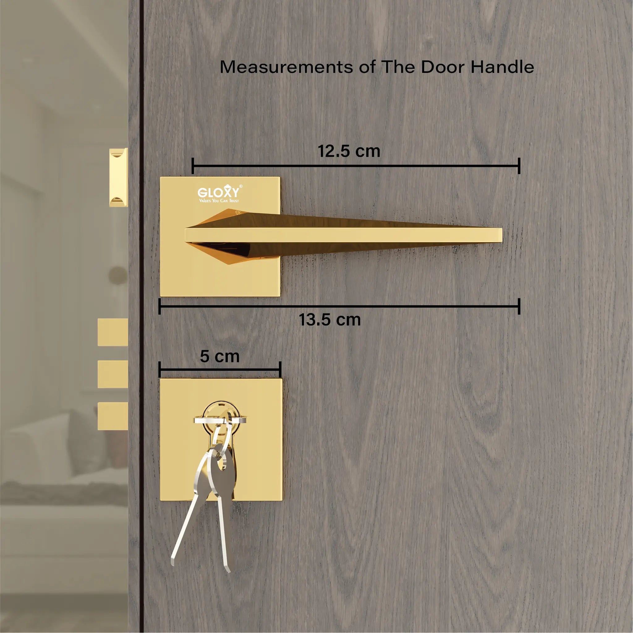 Gloxy Ralor Series Gold Finish Mortise Main Door key Lock With Handle