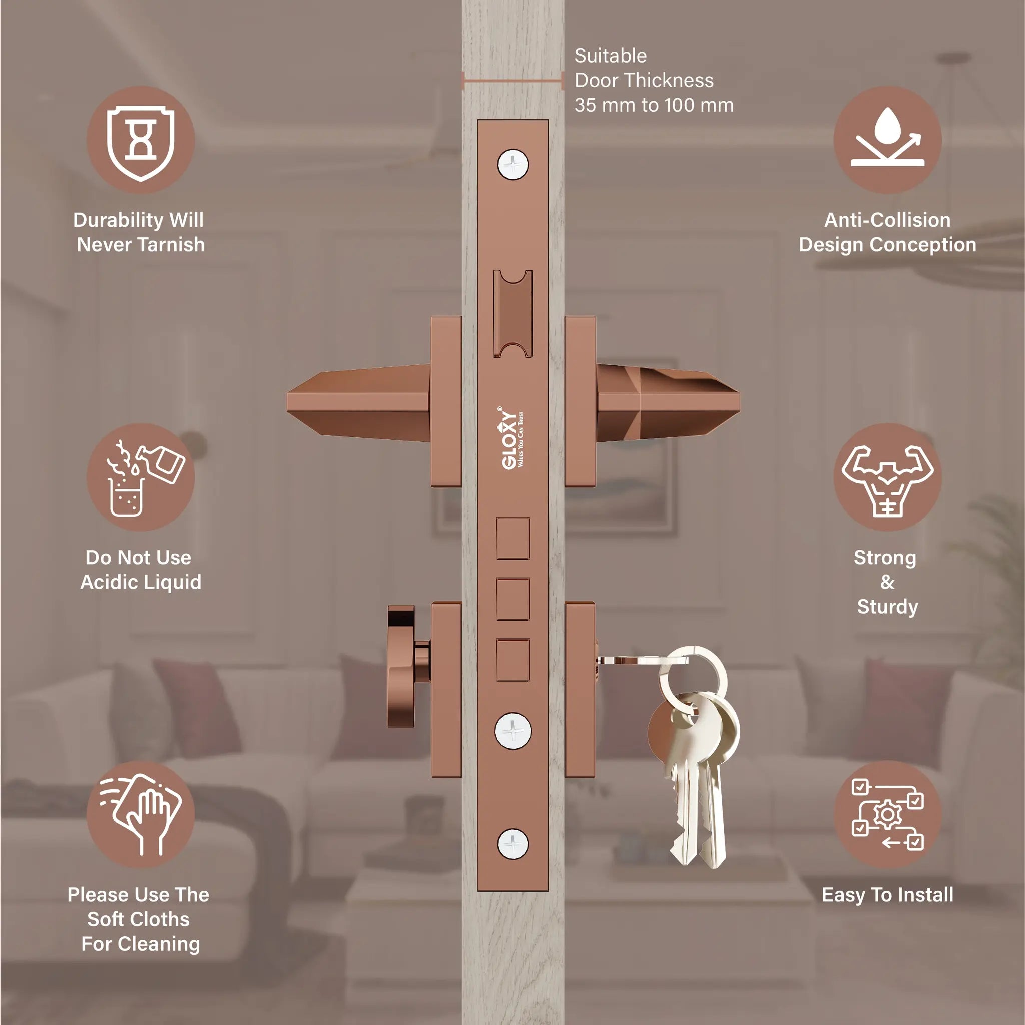 Mortise Door Handles Main Door Lock Handles Set with 3 Keys for Safety of Home | Bedroom, Office, Hotel, Home(Rose Gold)-by GLOXY®