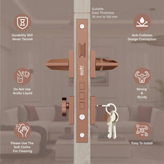 Mortise Door Handles Main Door Lock Handles Set with 3 Keys for Safety of Home | Bedroom, Office, Hotel, Home(Rose Gold)-by GLOXY®