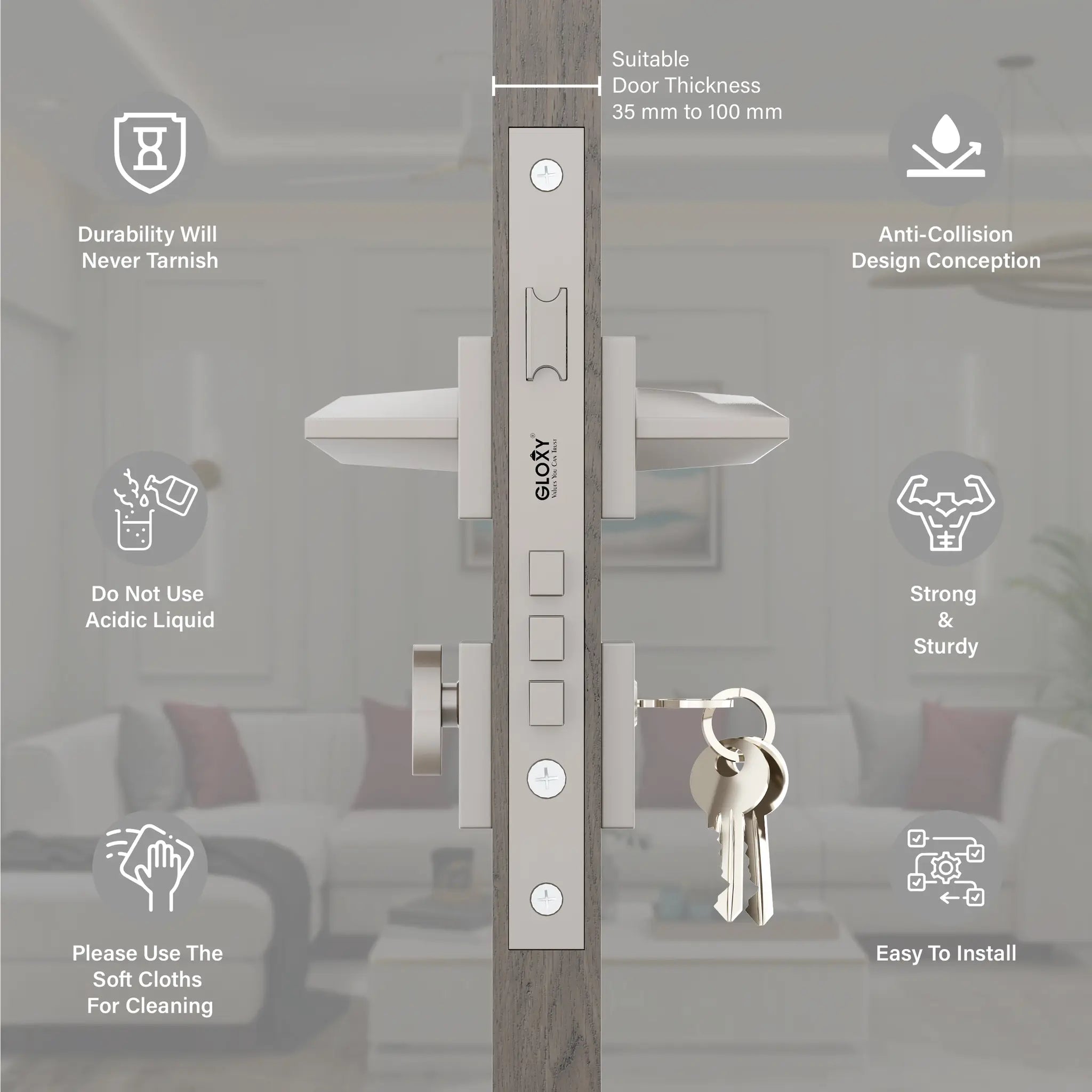 Gloxy Ralor Series Satin Chrome Finish Mortise Main Door key Lock With Handle