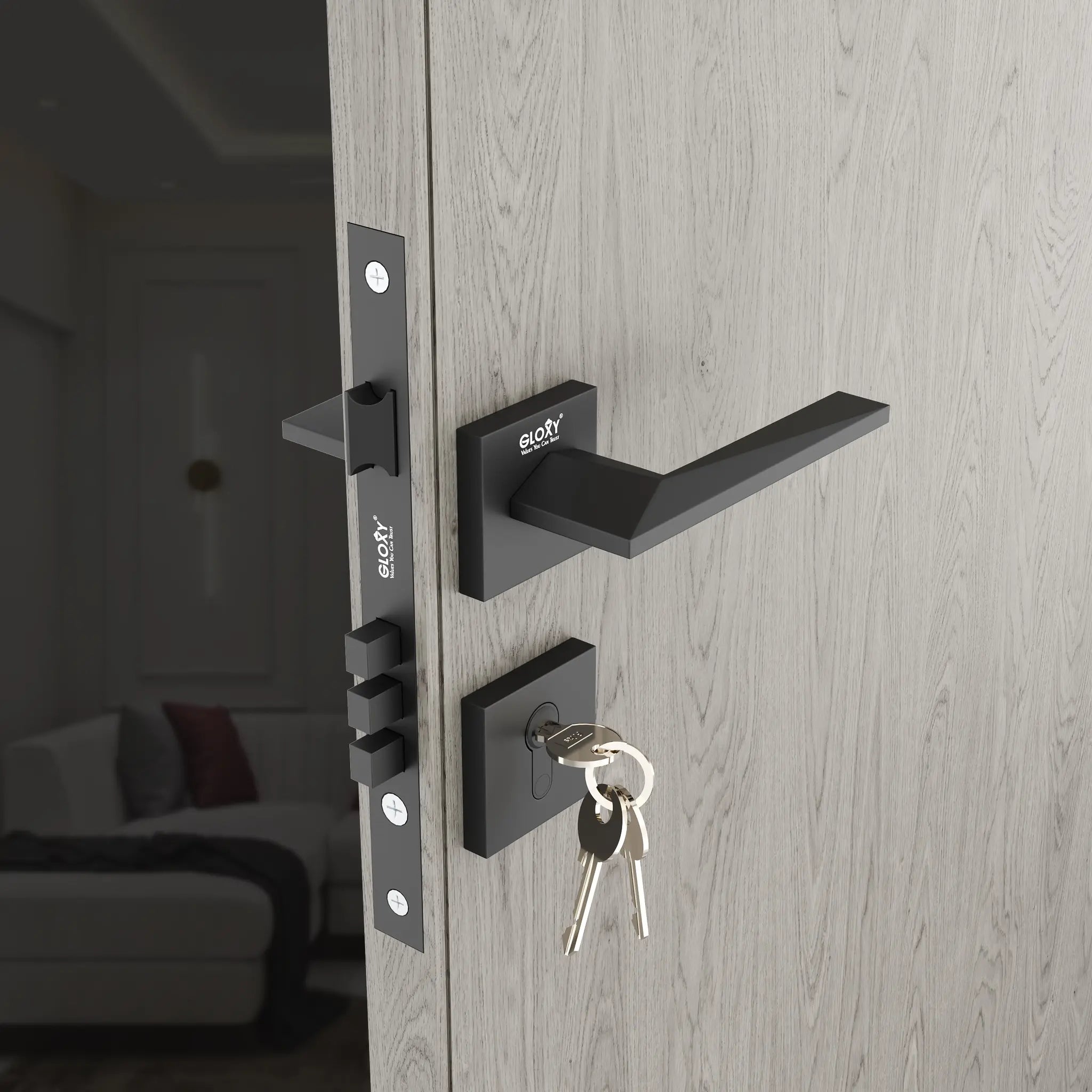 Gloxy Ralor Series Black Finish Mortise Main Door key Lock With Handle
