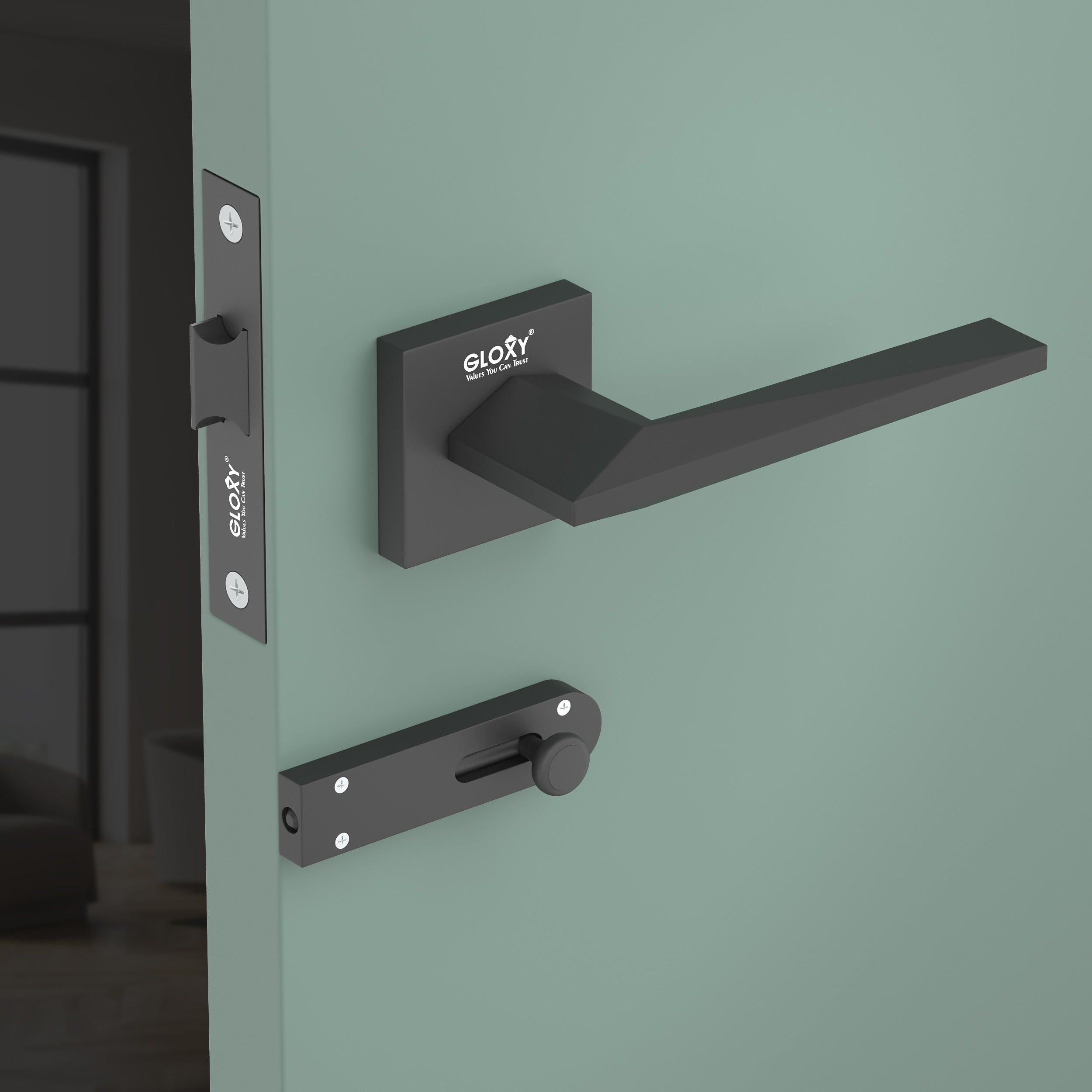 Gloxy Ralor Series Black Finish Mortise Bathroom Door Latch Lock With Handle
