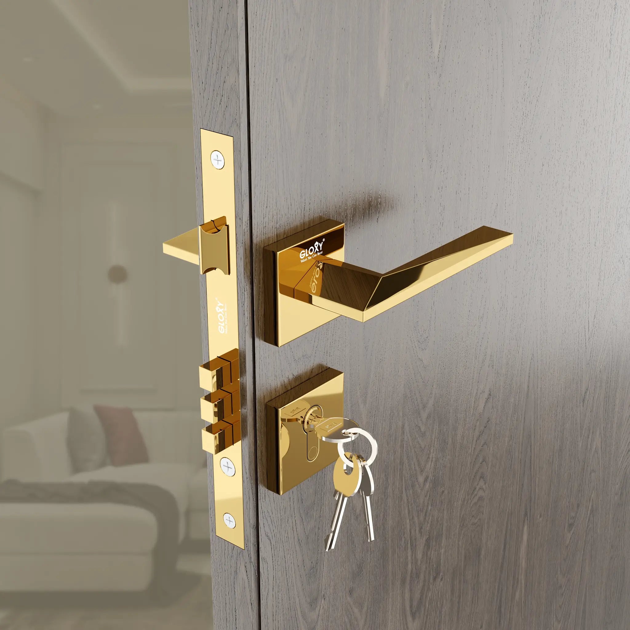 Gloxy Ralor Series Gold Finish Mortise Main Door key Lock With Handle