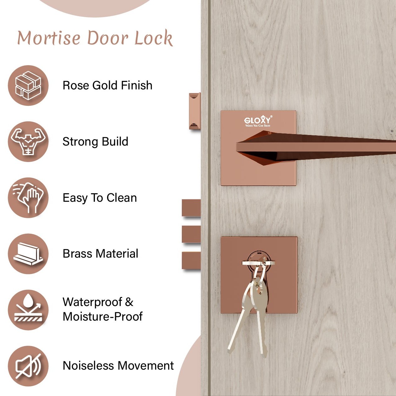 Mortise Door Handles Main Door Lock Handles Set with 3 Keys for Safety of Home | Bedroom, Office, Hotel, Home(Rose Gold)-by GLOXY®