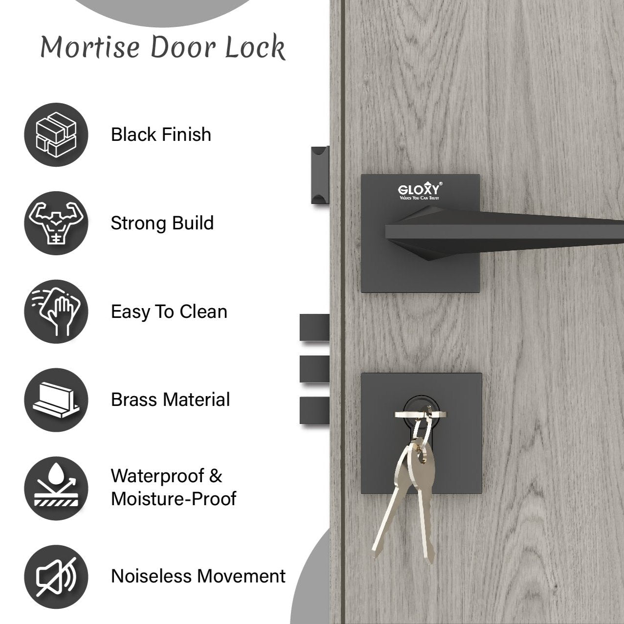 Mortise Door Handles Main Door Lock Handles Set with 3 Keys for Safety of Home | Bedroom, Office, Hotel, Home(Black)-by GLOXY®