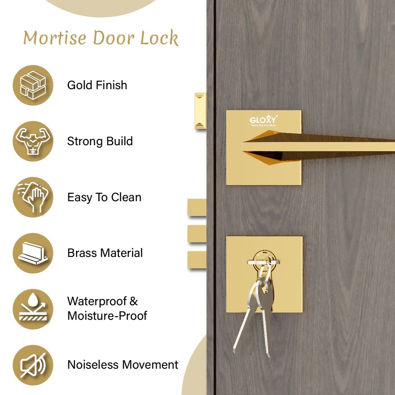 Mortise Door Handles Main Door Lock Handles Set with 3 Keys for Safety of Home | Bedroom, Office, Hotel, Home(Gold)-by GLOXY®