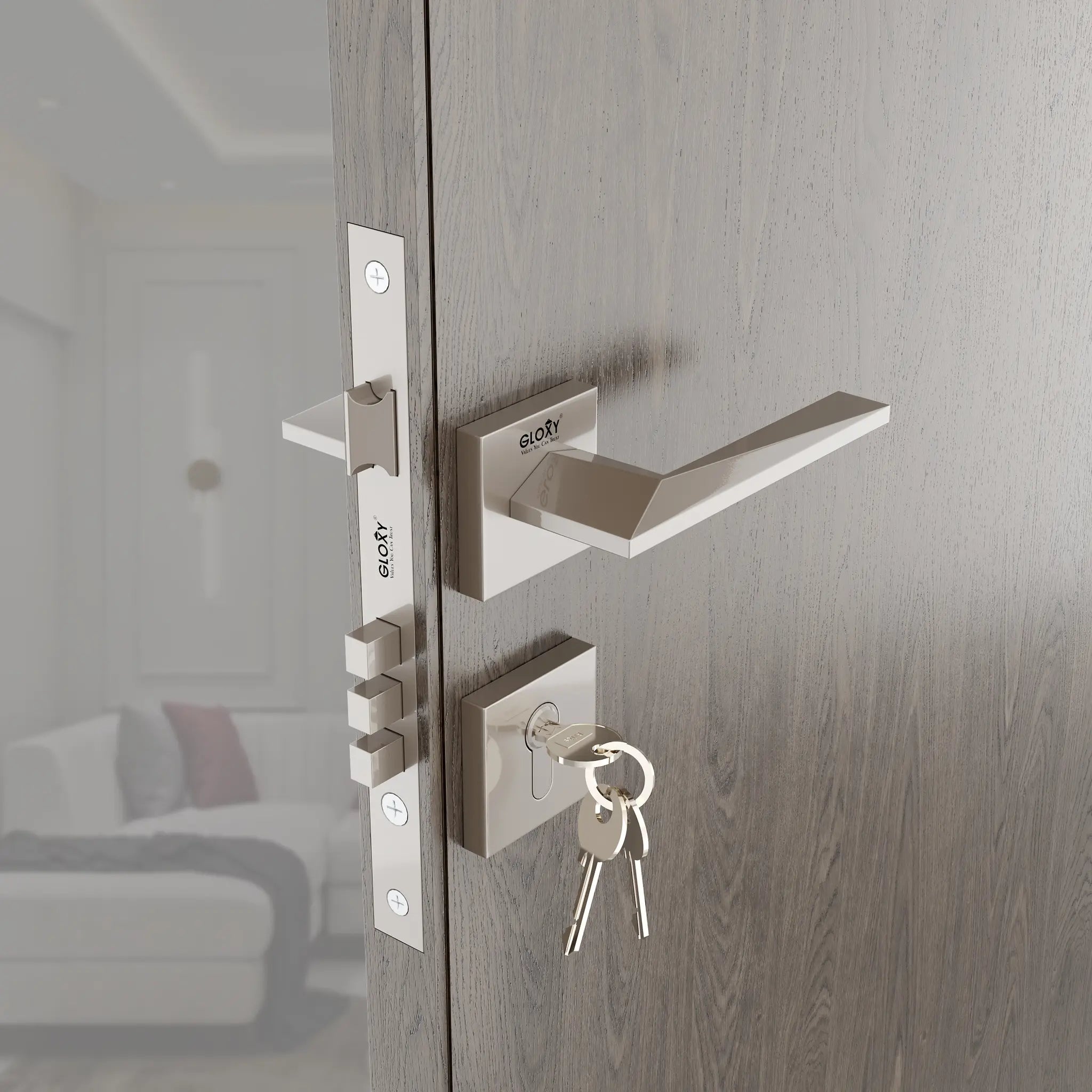 Gloxy Ralor Series Satin Chrome Finish Mortise Main Door key Lock With Handle