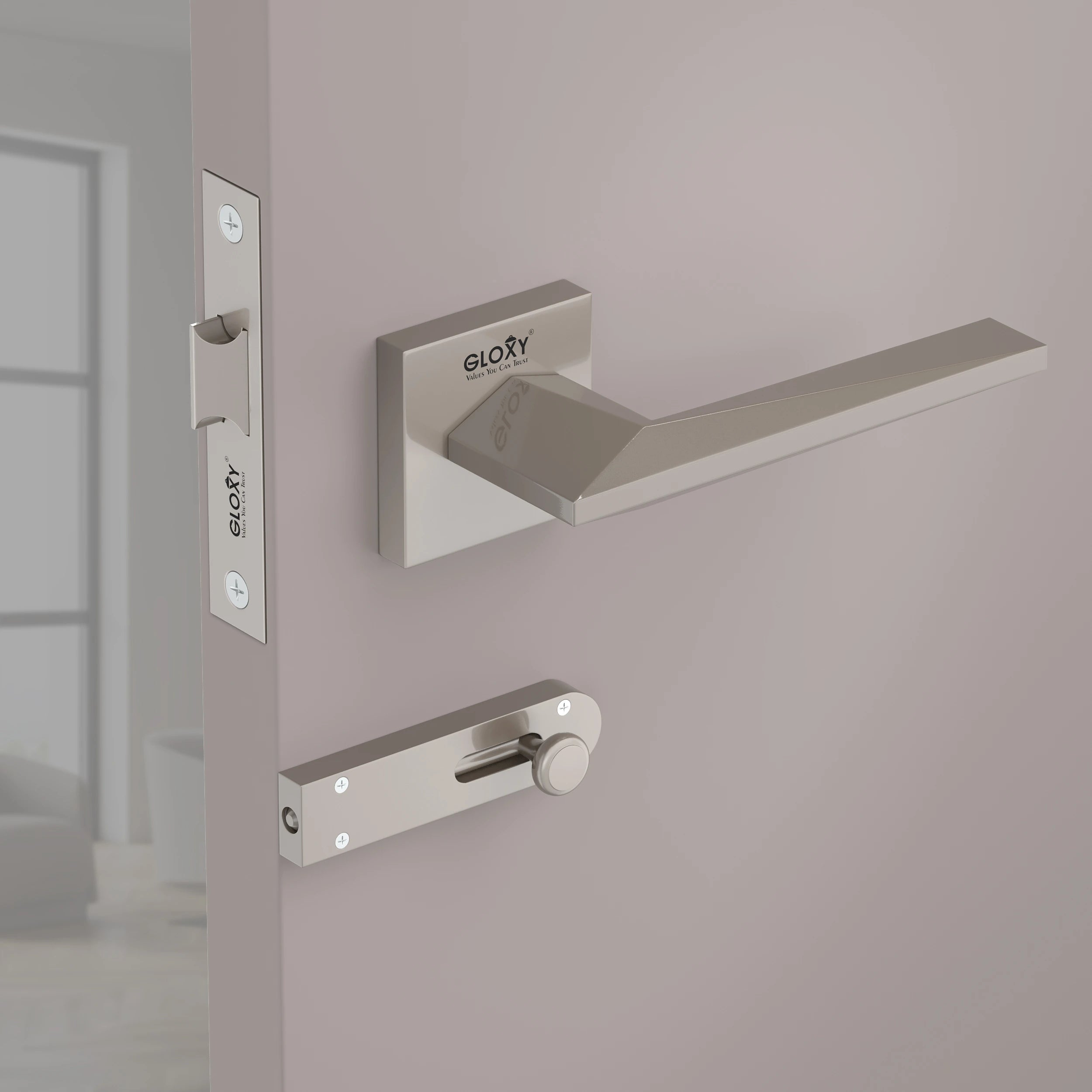 Gloxy Ralor Series Satin Chrome Finish Mortise Bathroom Door Latch Lock With Handle