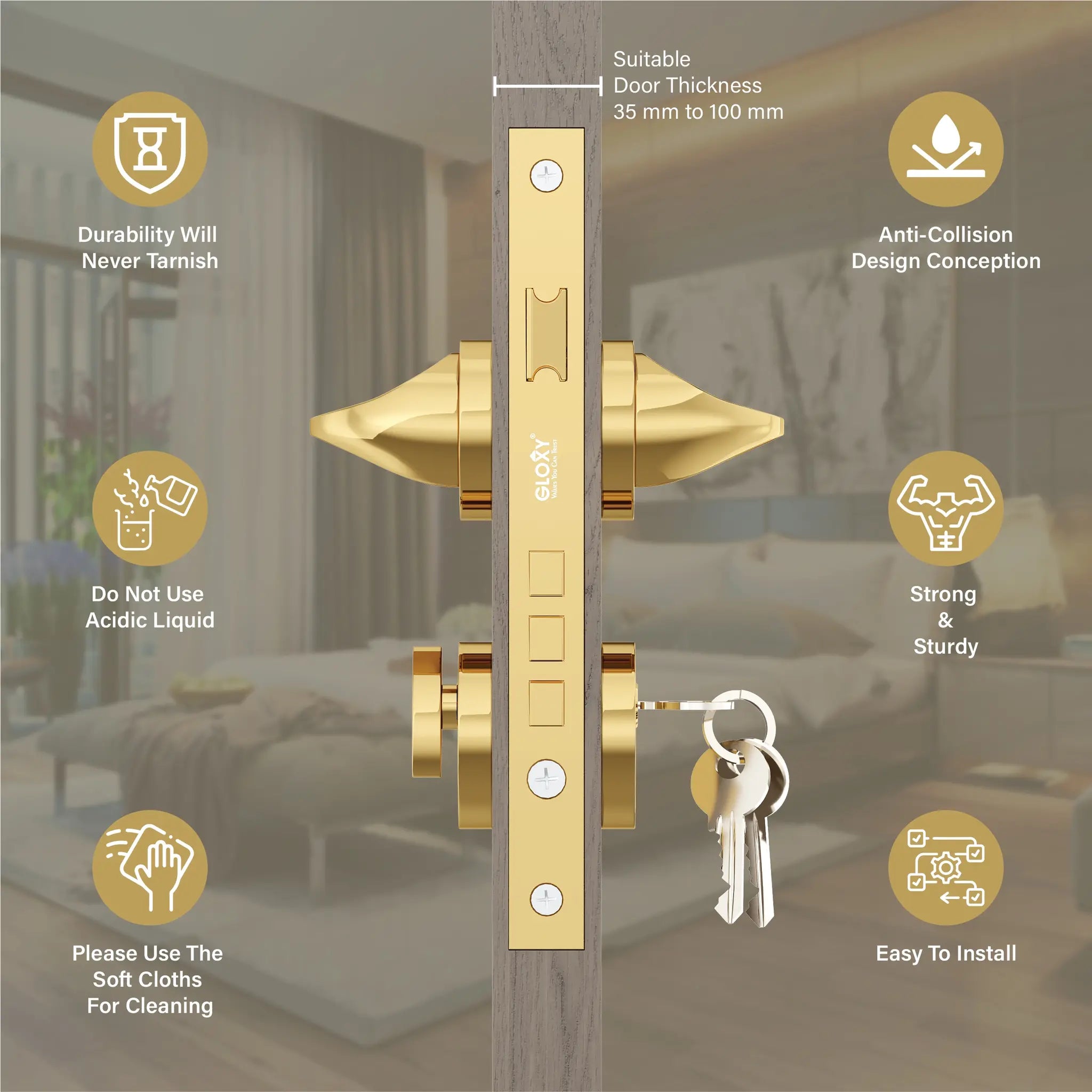 Gloxy Garnik Series Gold Finish Mortise Main Door key Lock With Handle