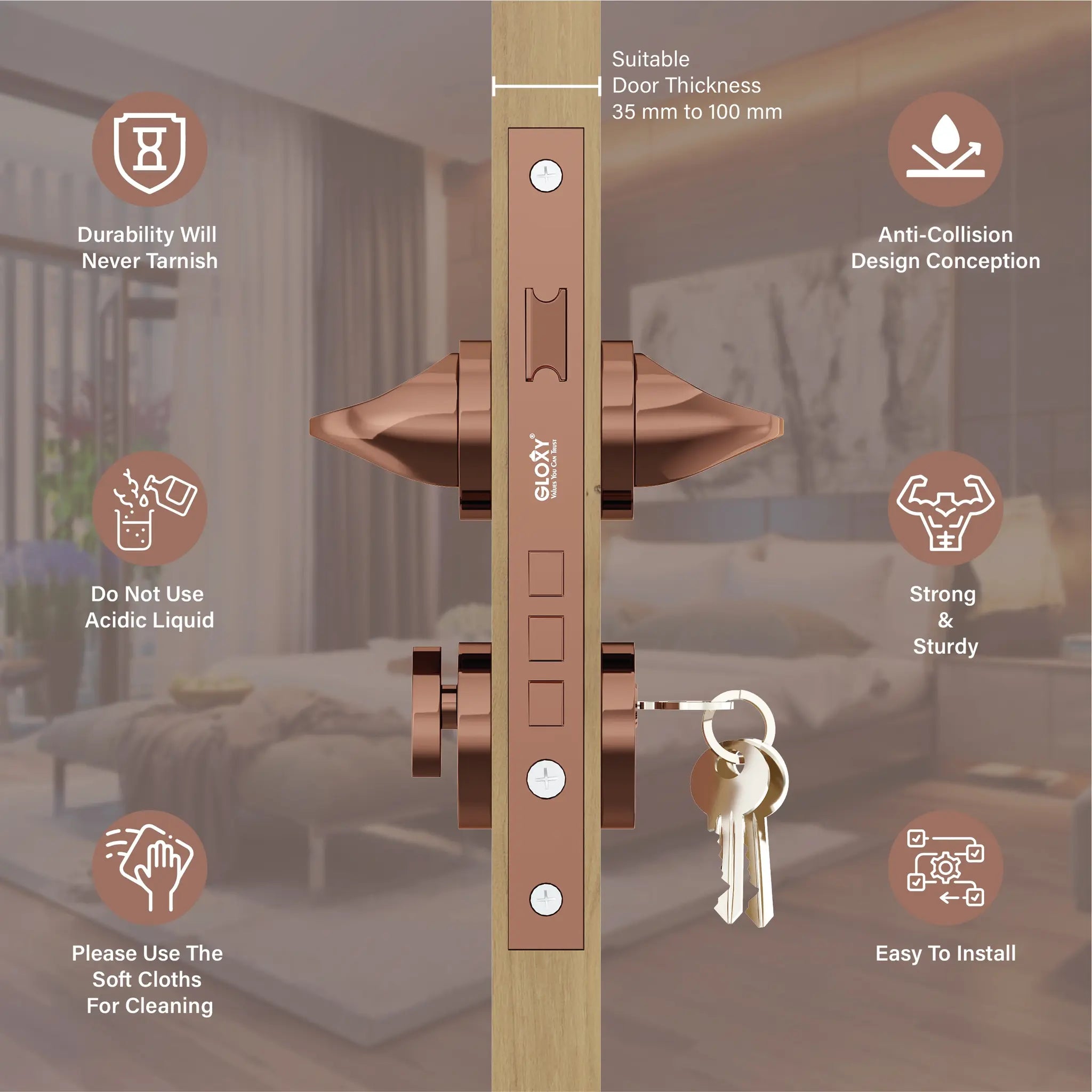 Mortise Door Handles Main Door Lock Handles Set with 3 Keys for Safety of Home | Bedroom, Office, Hotel, Home(Antique)-by GLOXY®