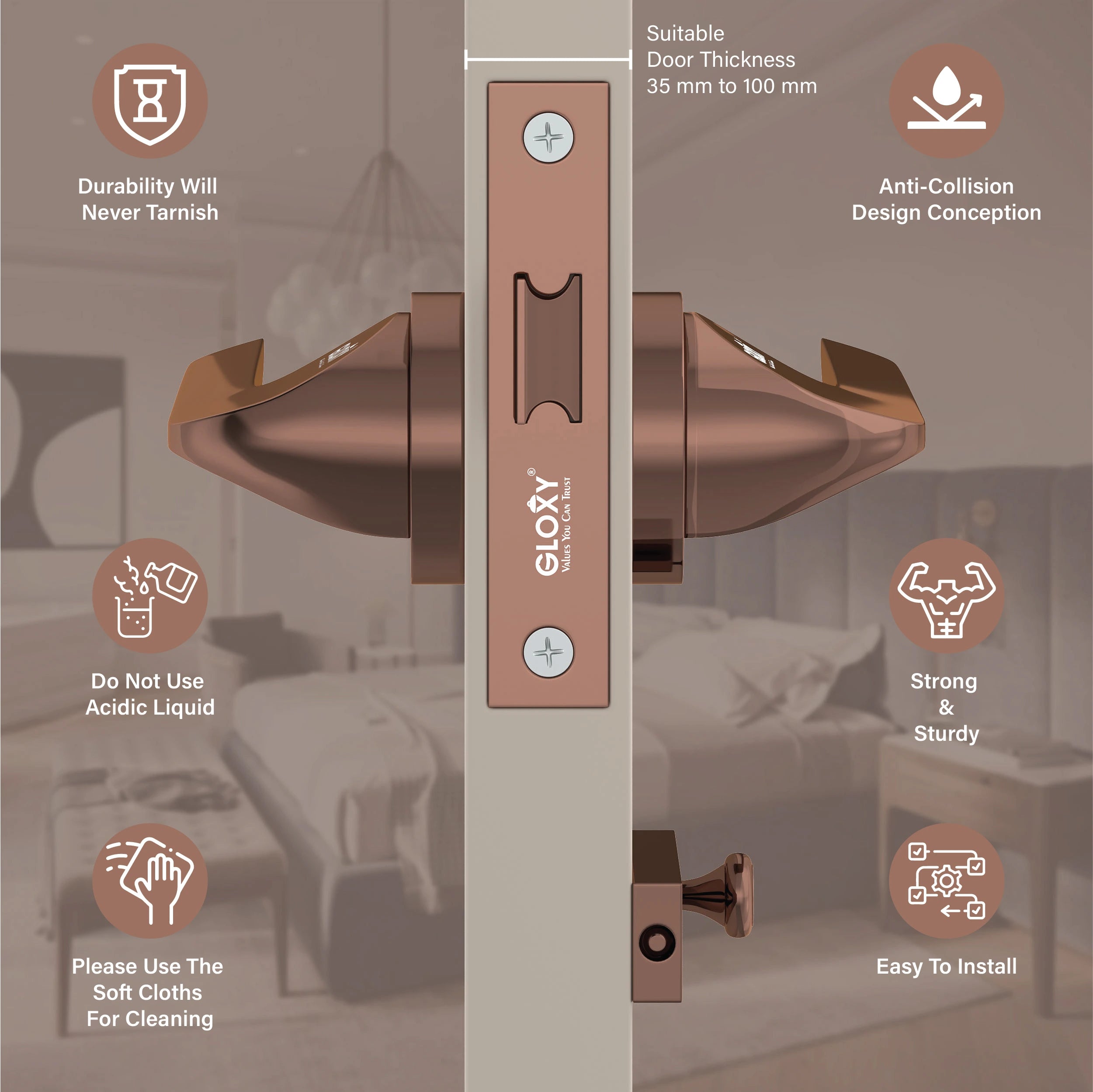 Gloxy Garnik Series Rose Gold Finish Mortise Bathroom Door Latch Lock With Handle