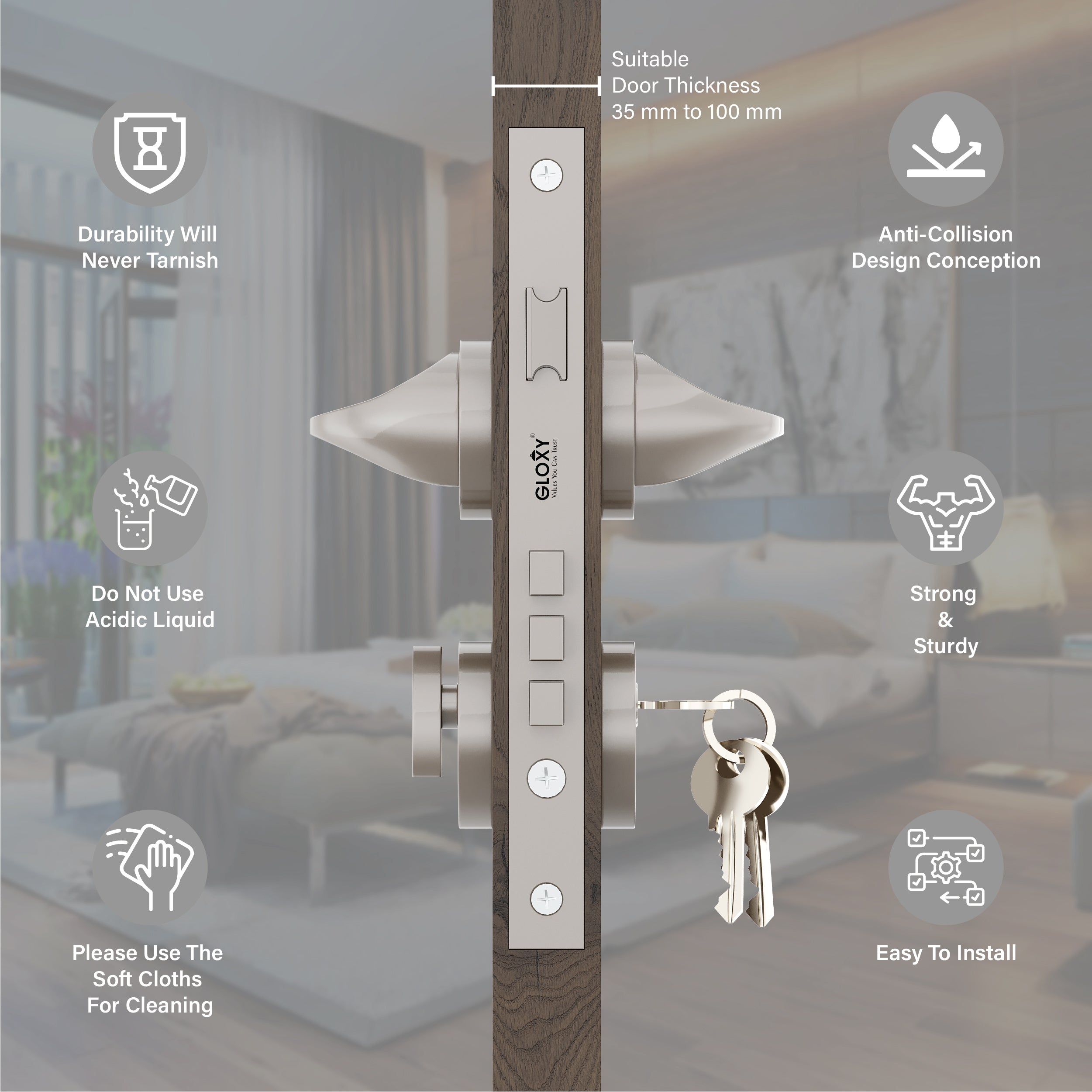 Mortise Door Handles Main Door Lock Handles Set with 3 Keys for Safety of Home | Bedroom, Office, Hotel, Home(Satin Chrome)-by GLOXY®