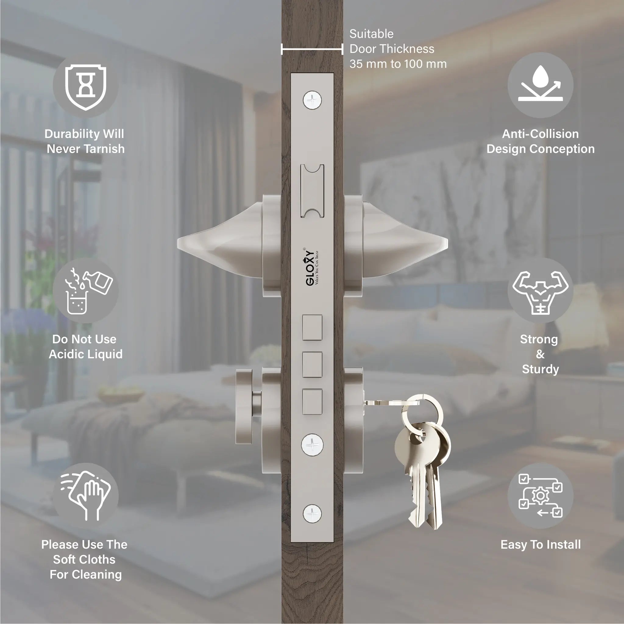 Gloxy Garnik Series Satin Chrome Finish Mortise Main Door key Lock With Handle
