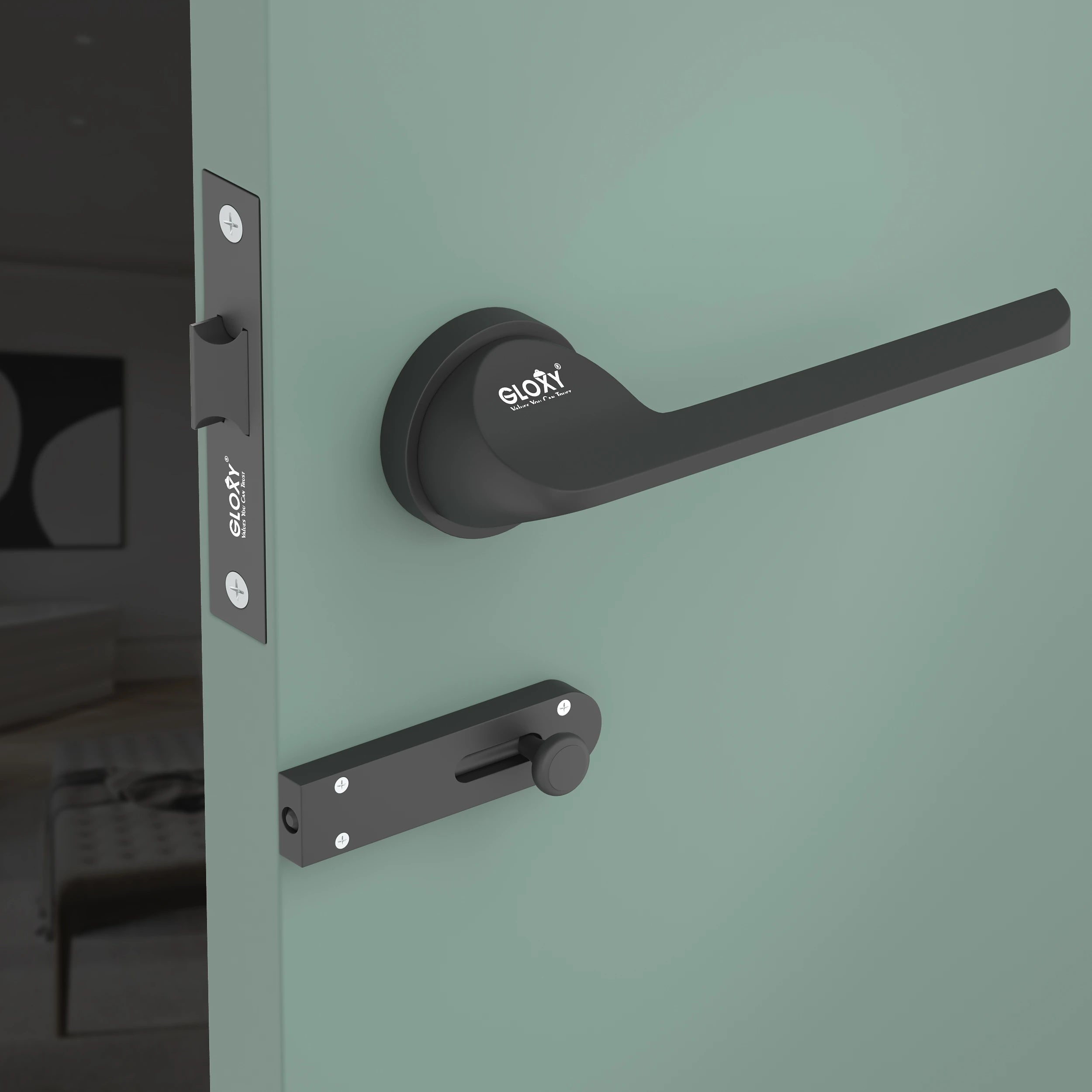 Gloxy Garnik Series Black Finish Mortise Bathroom Door Latch Lock With Handle