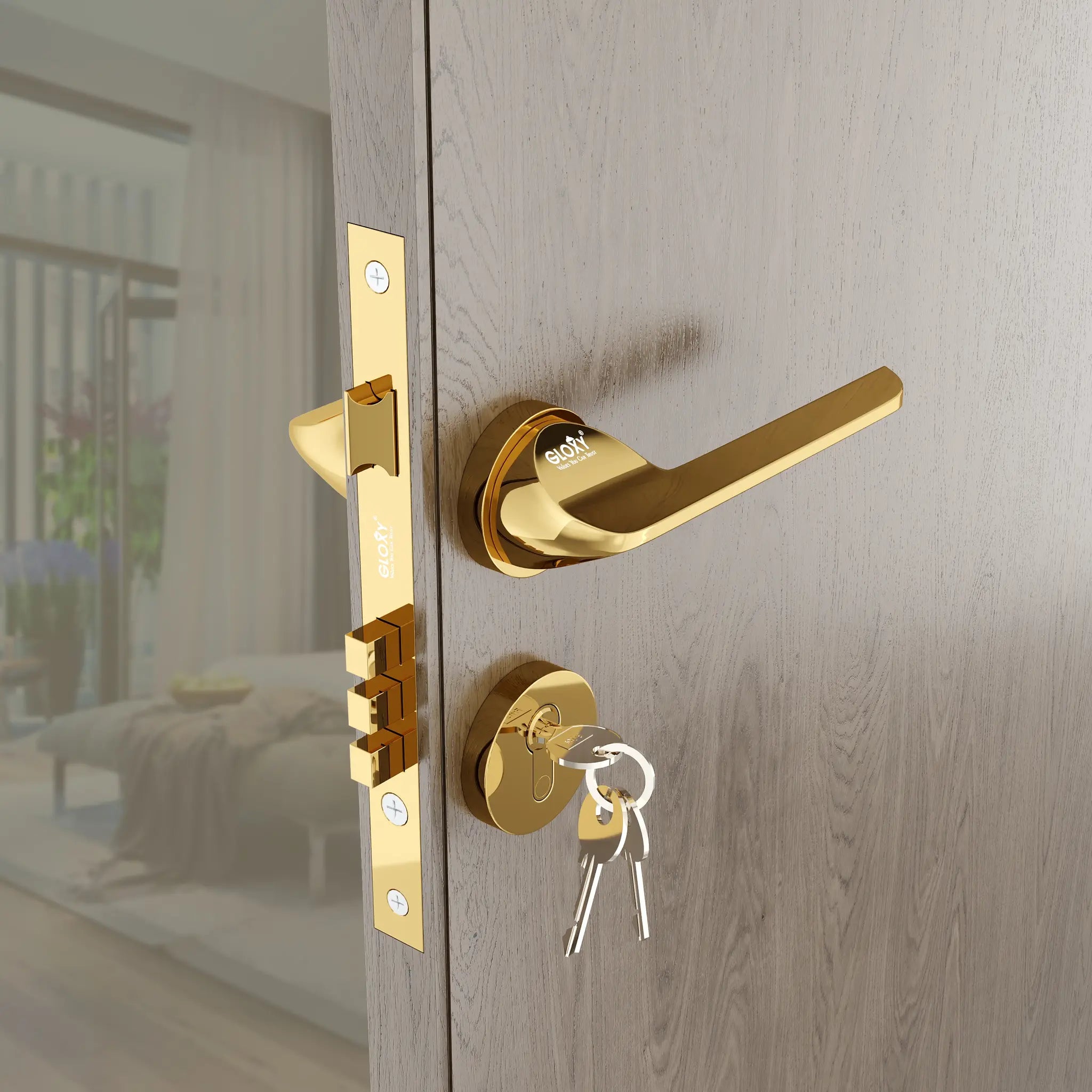 Gloxy Garnik Series Gold Finish Mortise Main Door key Lock With Handle