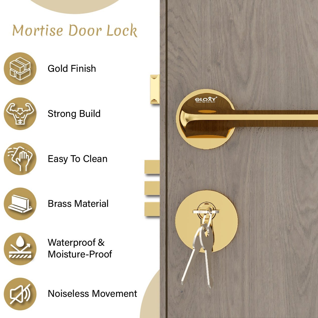 Mortise Door Handles Main Door Lock Handles Set with 3 Keys for Safety of Home | Bedroom, Office, Hotel, Home(Gold)-by GLOXY®