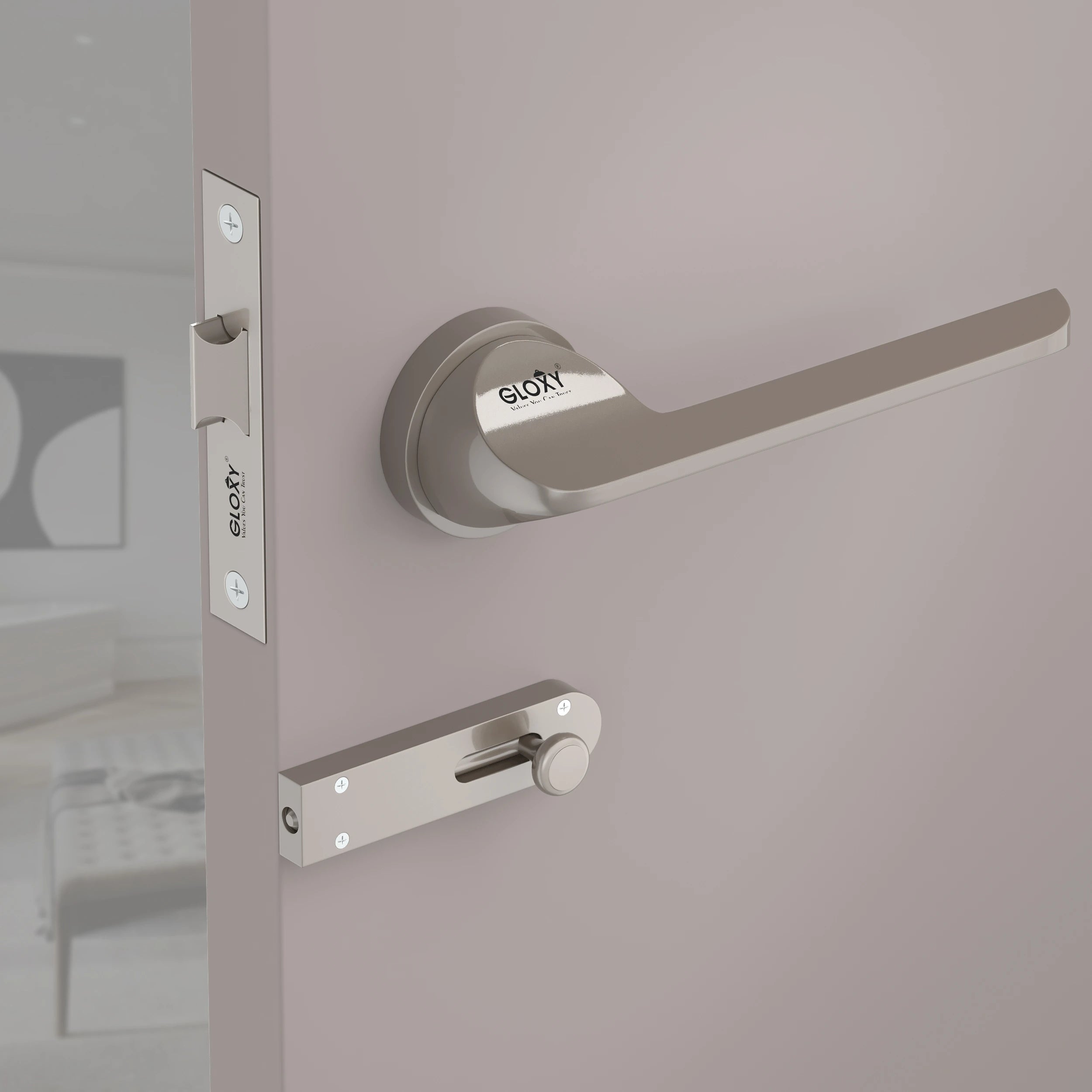 Gloxy Garnik Series Satin Chrome Finish Mortise Bathroom Door Latch Lock With Handle