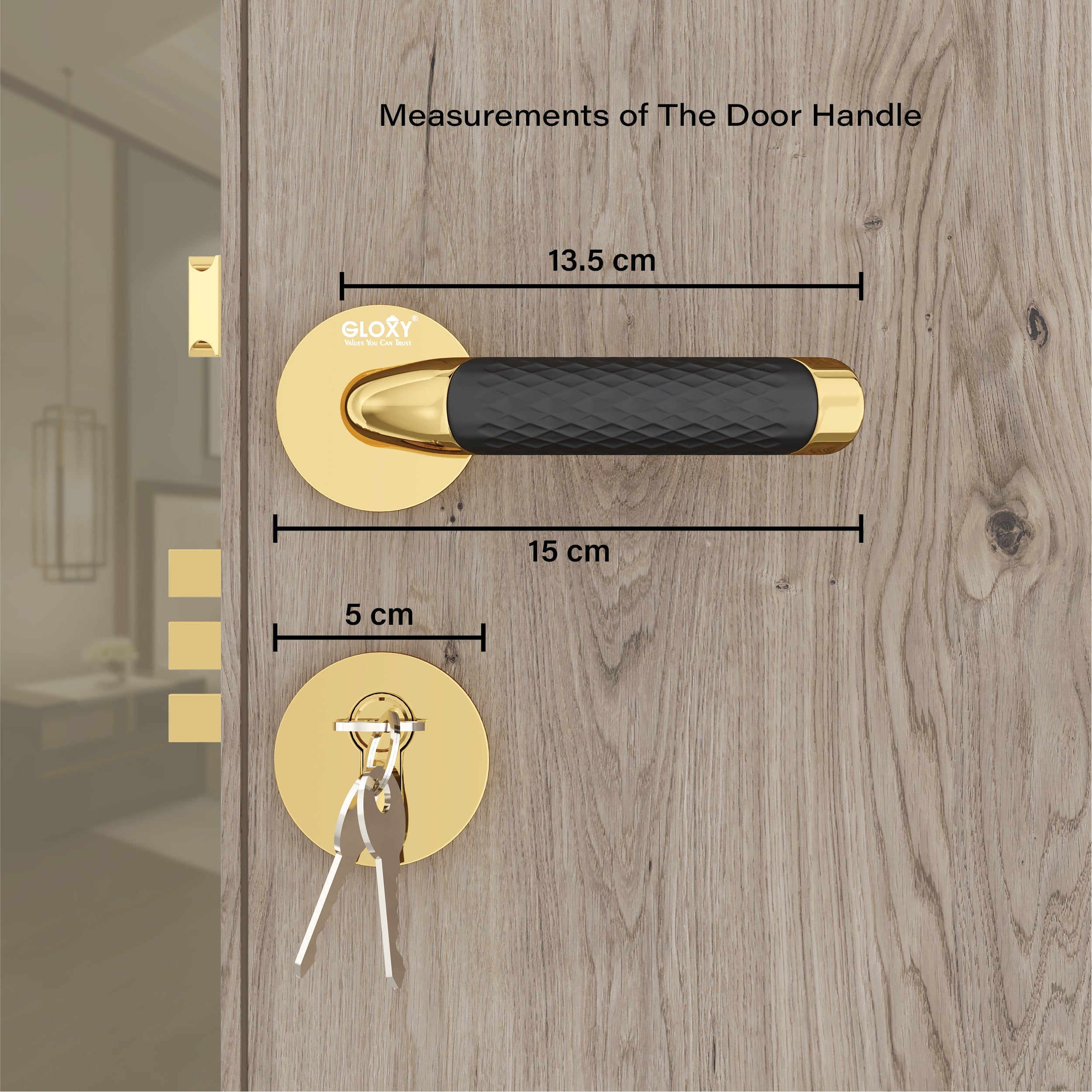 Mortise Door Handles Main Door Lock Handles Set with 3 Keys for Safety of Home | Bedroom, Office, Hotel, Home(Gold)-by GLOXY®