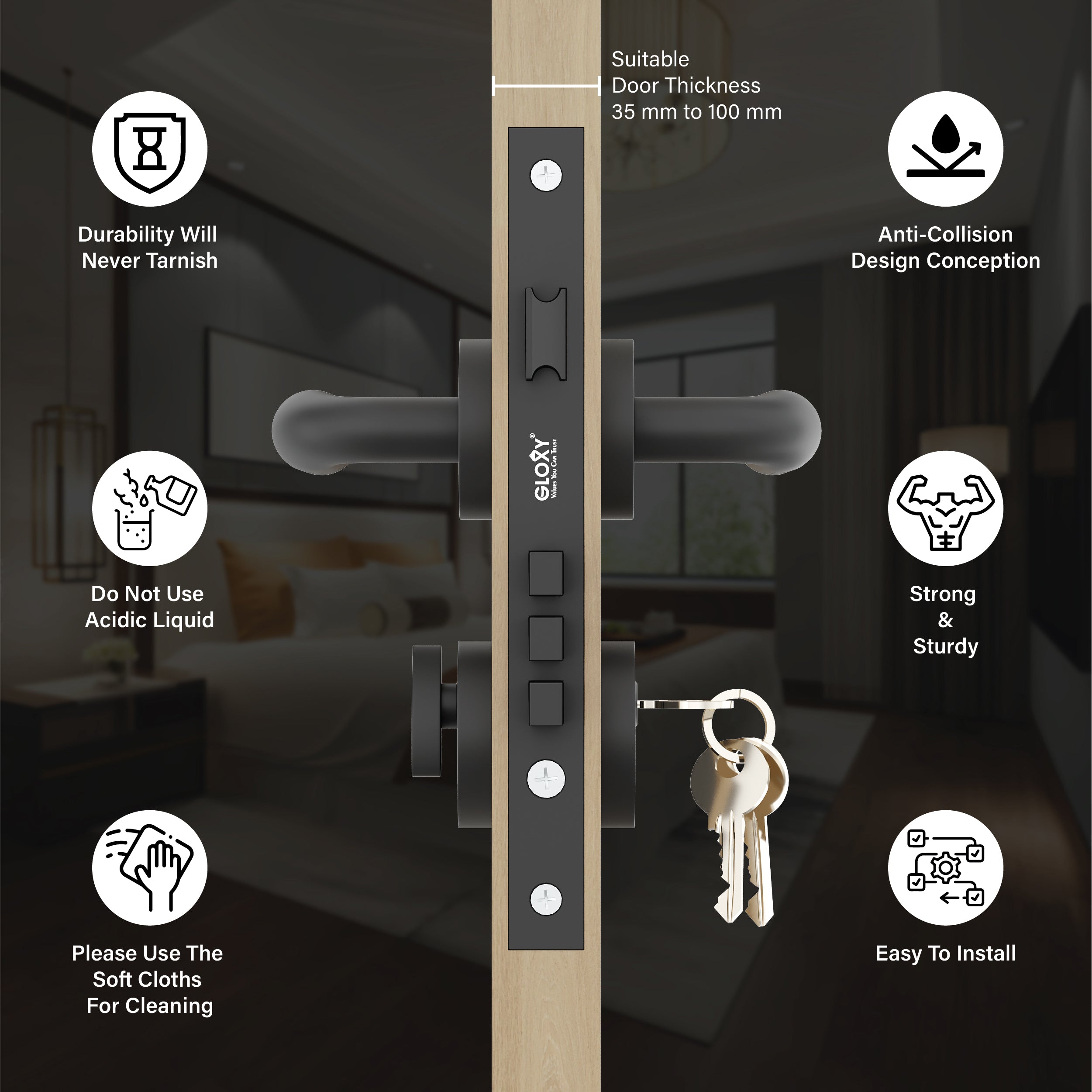 Mortise Door Handles Main Door Lock Handles Set with 3 Keys for Safety of Home | Bedroom, Office, Hotel, Home(Black)-by GLOXY®