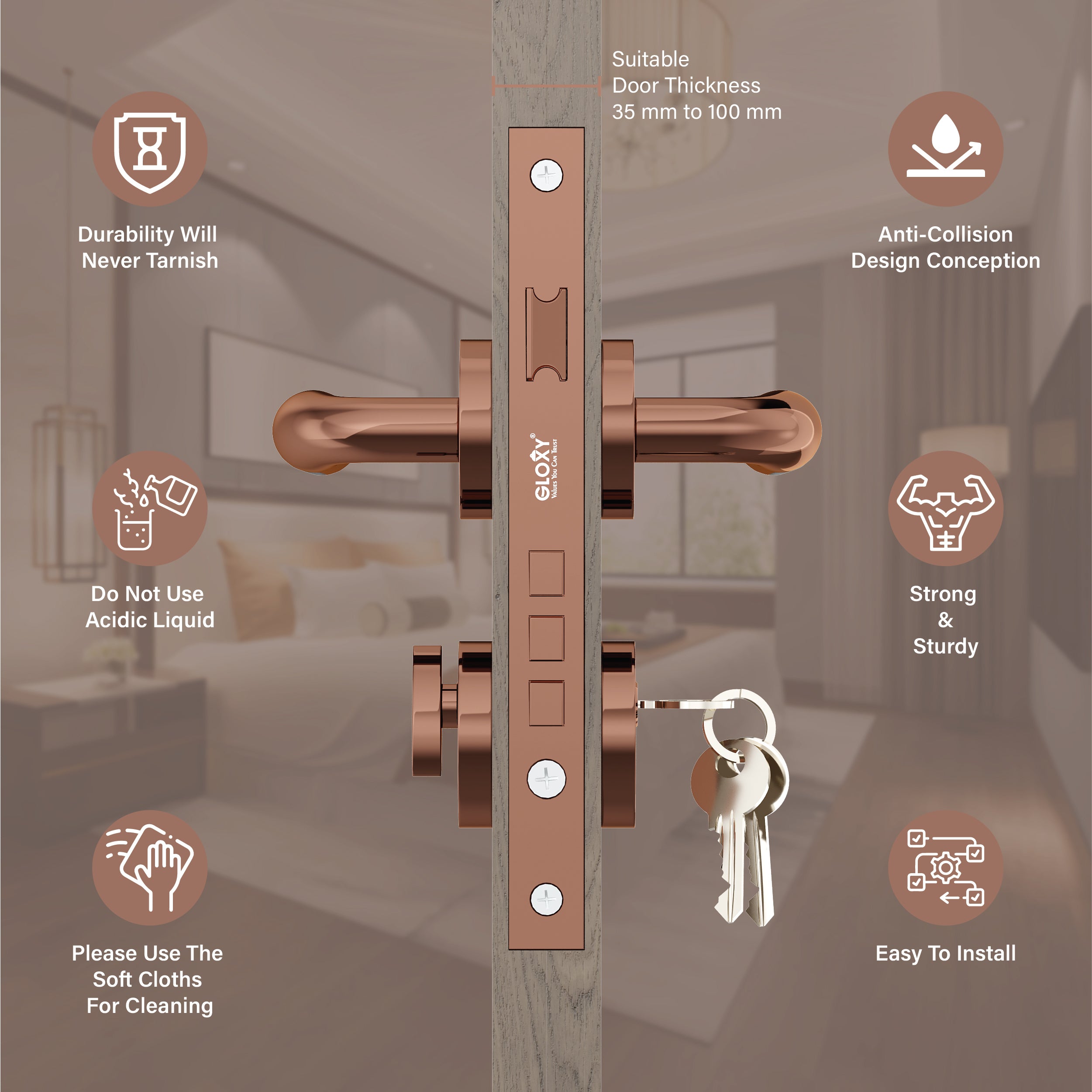 Mortise Door Handles Main Door Lock Handles Set with 3 Keys for Safety of Home | Bedroom, Office, Hotel, Home(Rose Gold)-by GLOXY®