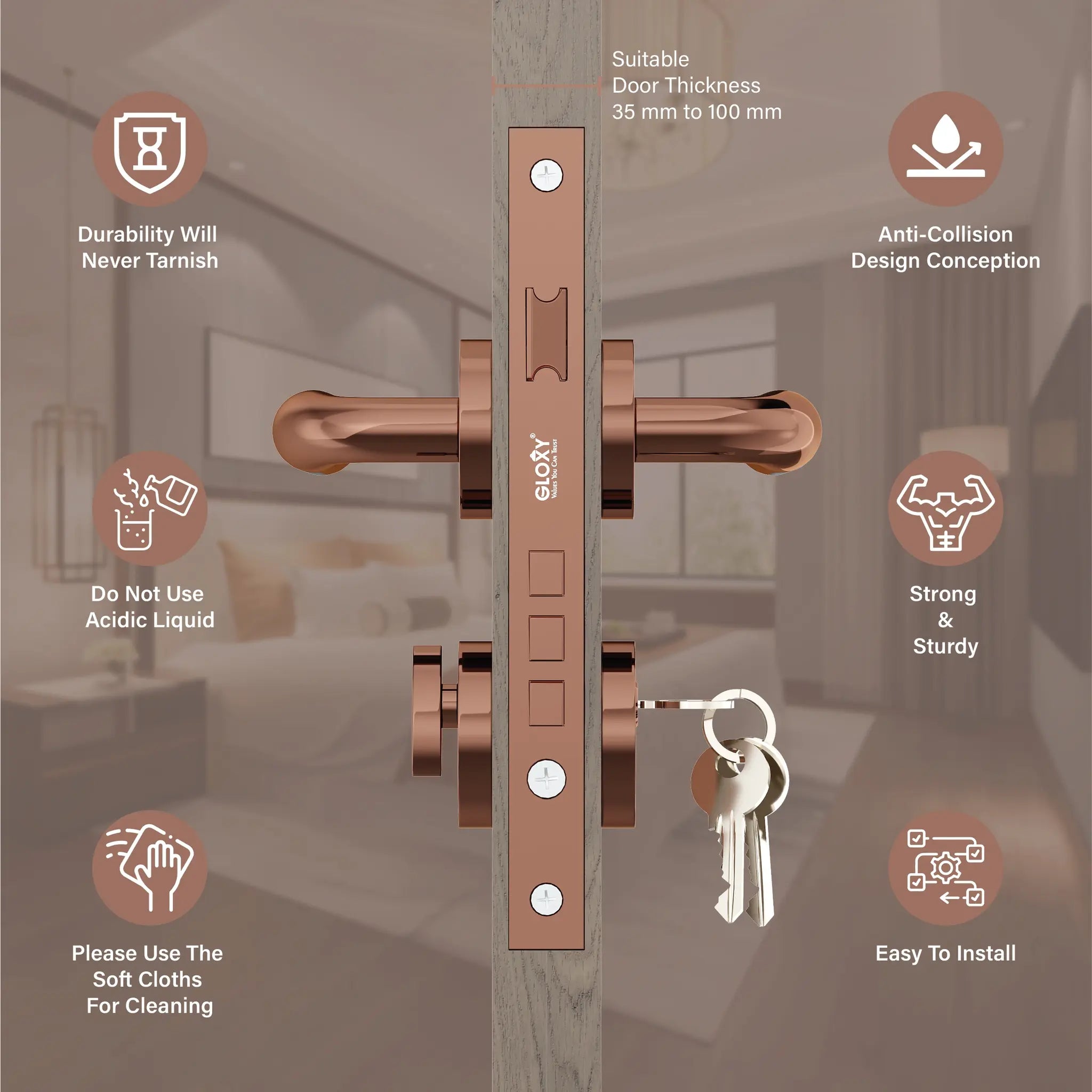 Mortise Door Handles Main Door Lock Handles Set with 3 Keys for Safety of Home | Bedroom, Office, Hotel, Home(Rose Gold)-by GLOXY®