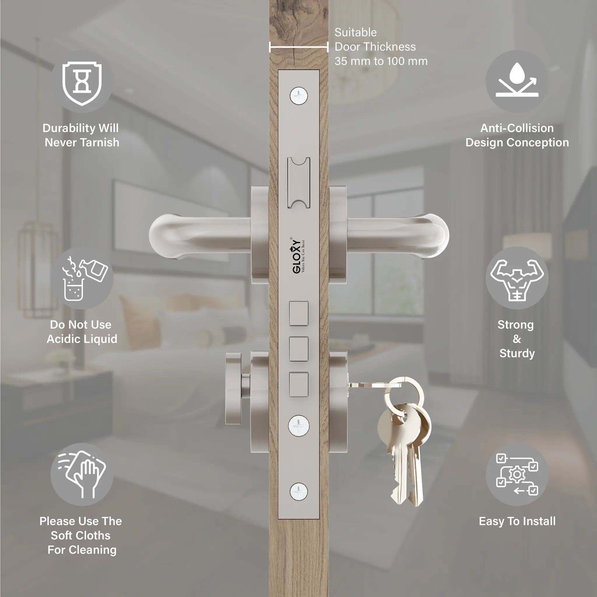 Mortise Door Handles Main Door Lock Handles Set with 3 Keys for Safety of Home | Bedroom, Office, Hotel, Home(Satin Chrome)-by GLOXY®