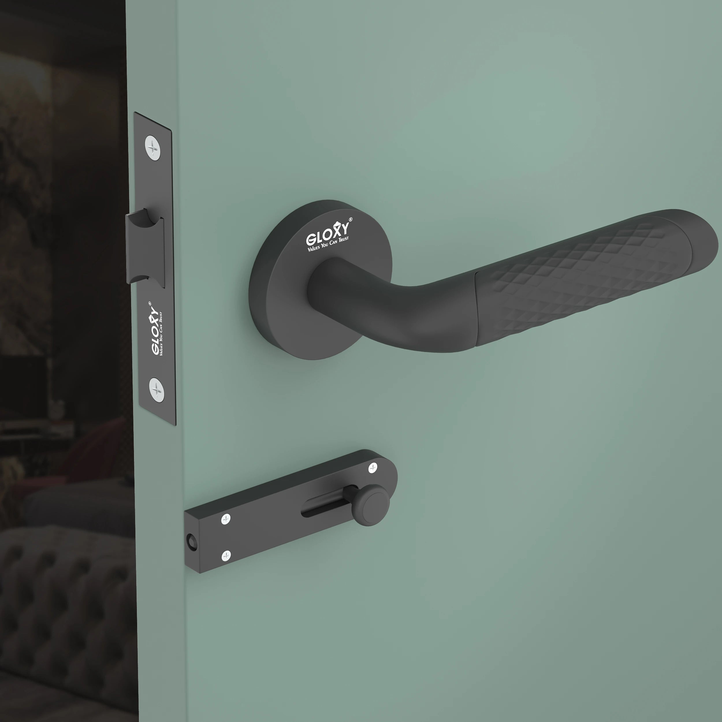 Gloxy Velto Series Black Finish Mortise Bathroom Door Latch Lock With Handle