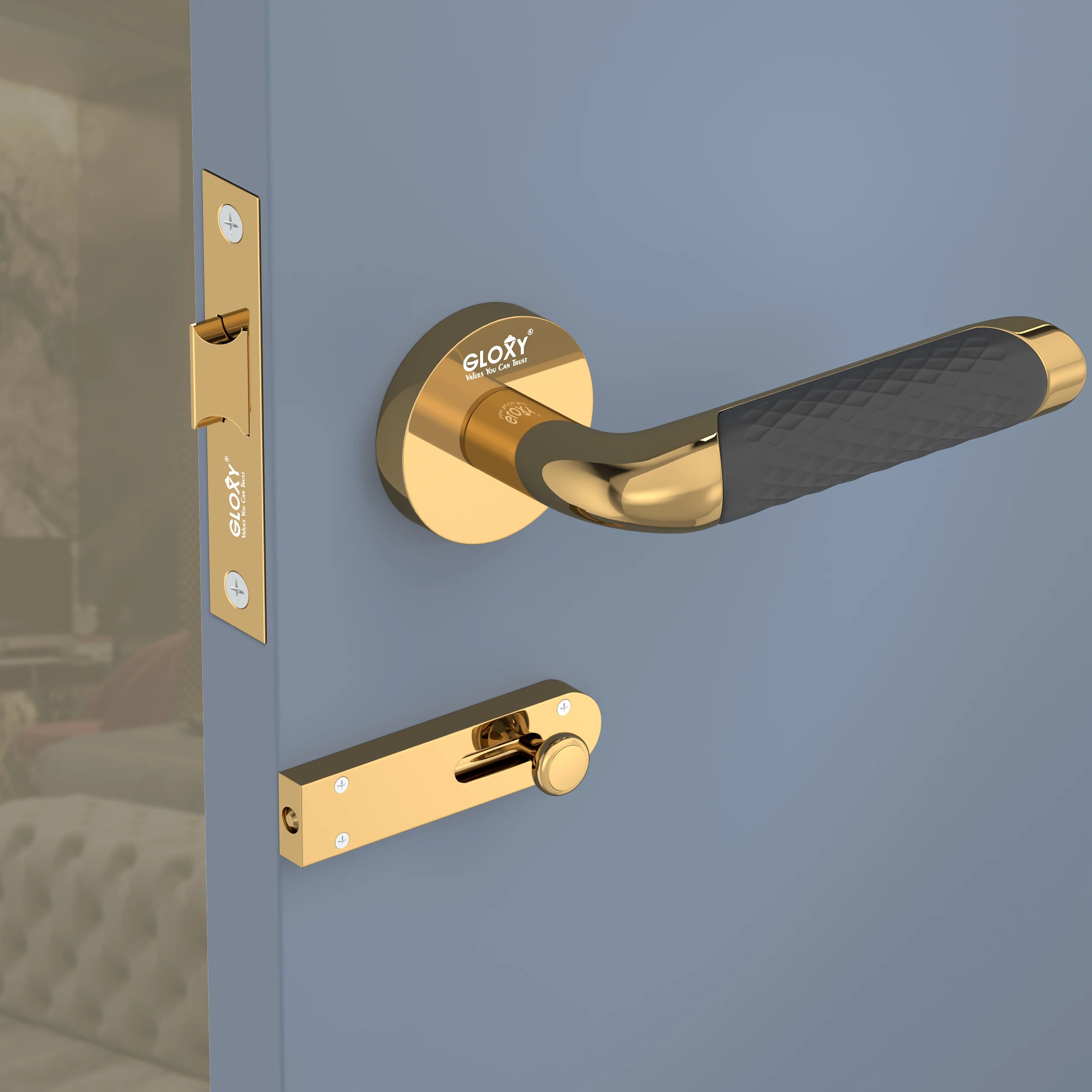Gloxy Velto Series Gold Finish Mortise Bathroom Door Latch Lock With Handle