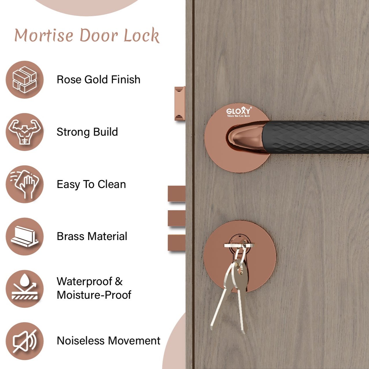 Mortise Door Handles Main Door Lock Handles Set with 3 Keys for Safety of Home | Bedroom, Office, Hotel, Home(Rose Gold)-by GLOXY®