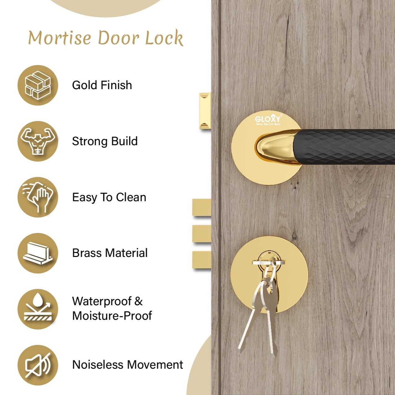 Mortise Door Handles Main Door Lock Handles Set with 3 Keys for Safety of Home | Bedroom, Office, Hotel, Home(Gold)-by GLOXY®