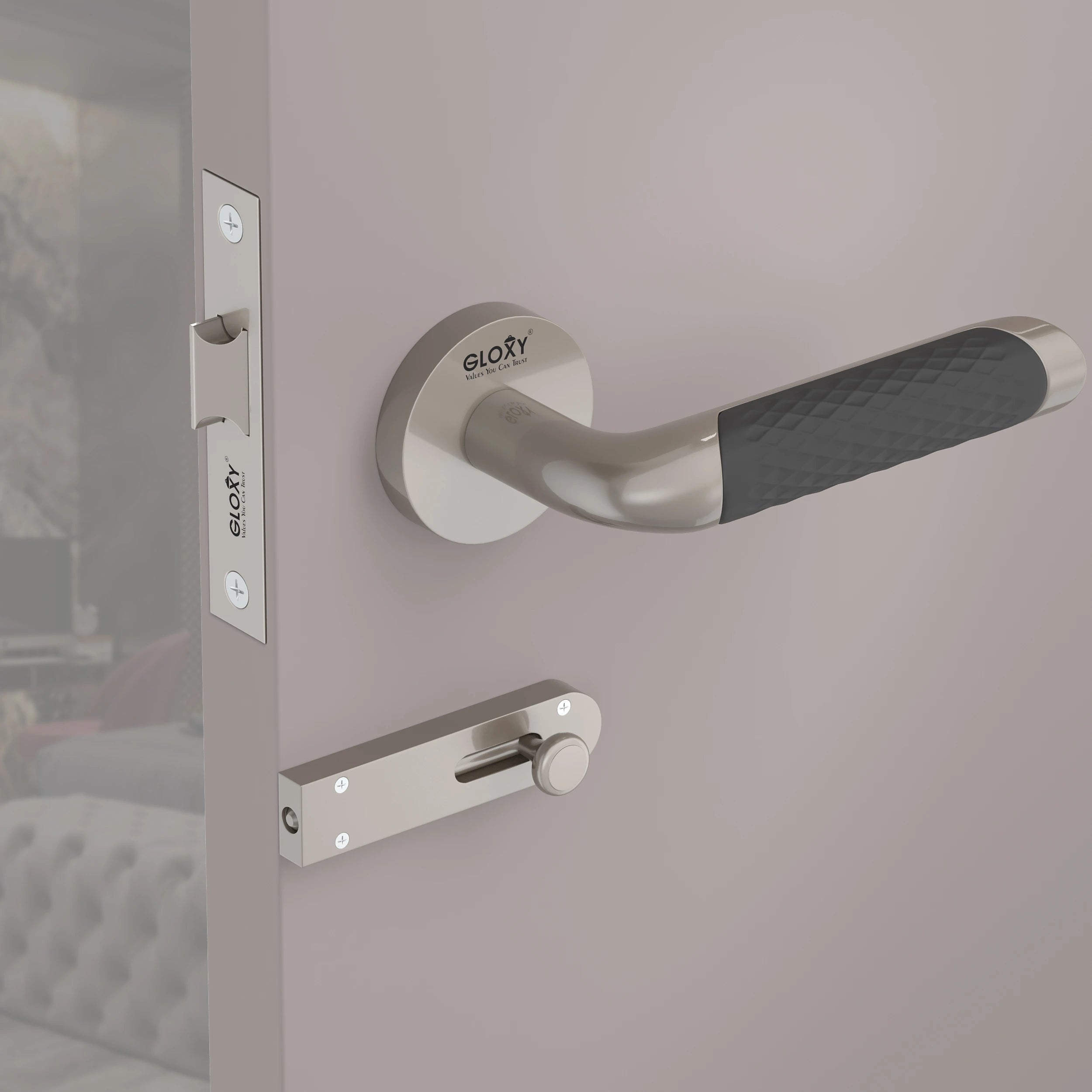 Gloxy Velto Series Satin Chrome Finish Mortise Bathroom Door Latch Lock With Handle