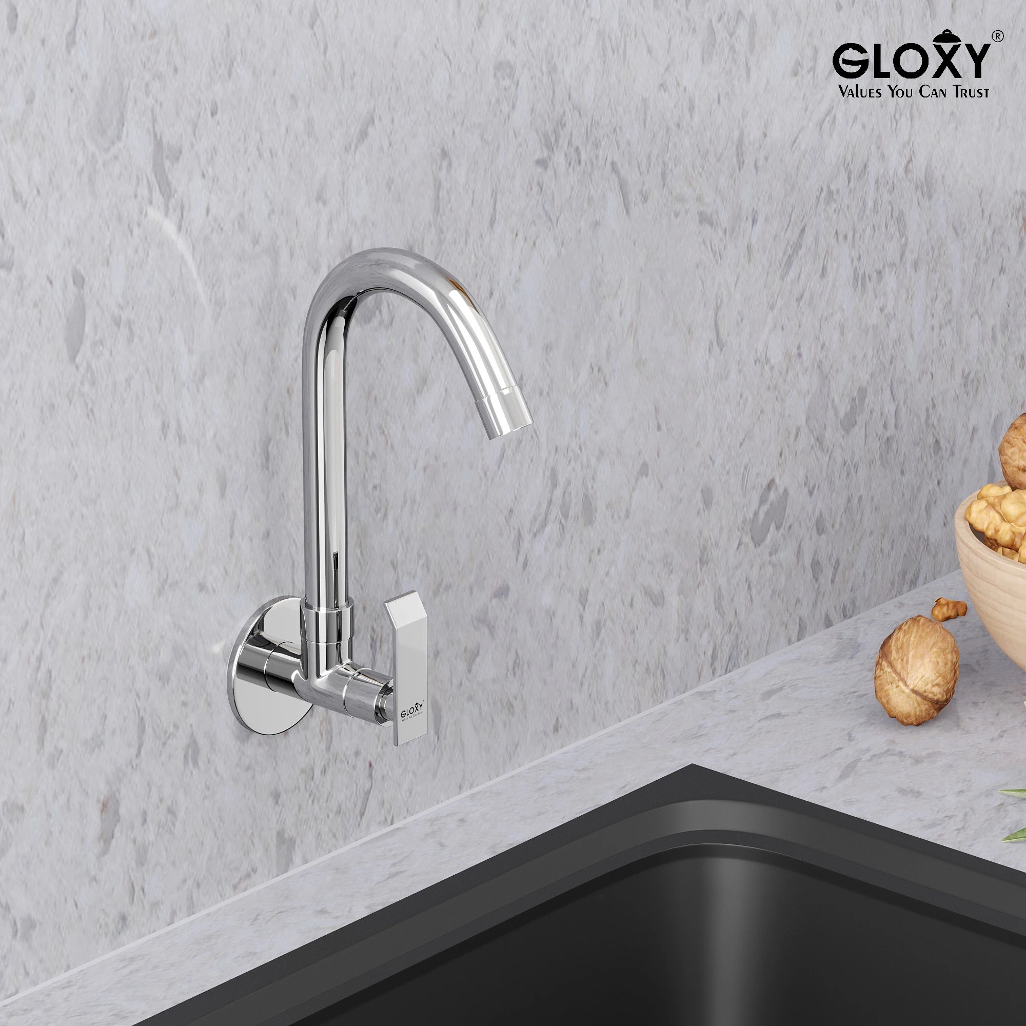 Chrome Finish Swivel Spout Deck Mount Single Lever Brass Swan Long Neck Faucet Tap Cock for Kitchen, Sink, Wash Basin (Imperial)-by GLOXY®