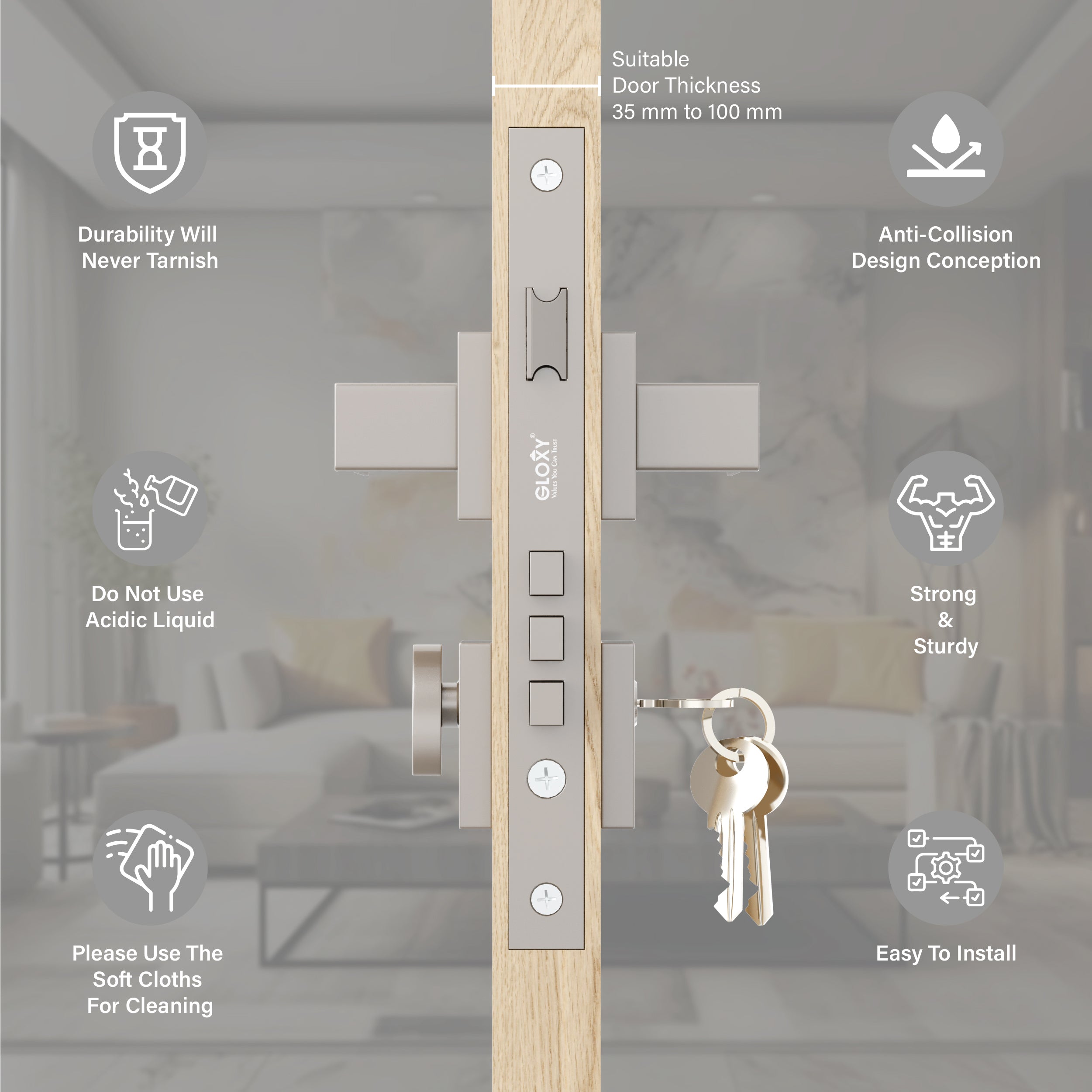 Mortise Door Handles Main Door Lock Handles Set with 3 Keys for Safety of Home | Bedroom, Office, Hotel, Home(Satin Chrome)-by GLOXY®