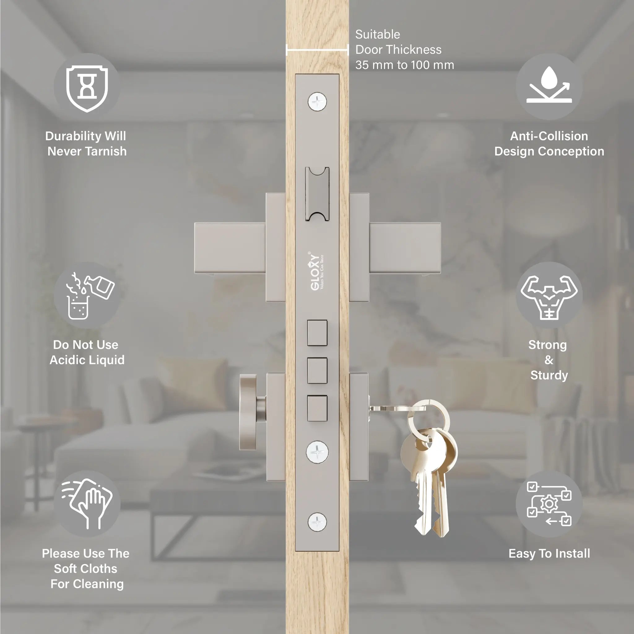 Gloxy Torin Series Satin Chrome Finish Mortise Main Door key Lock With Handle