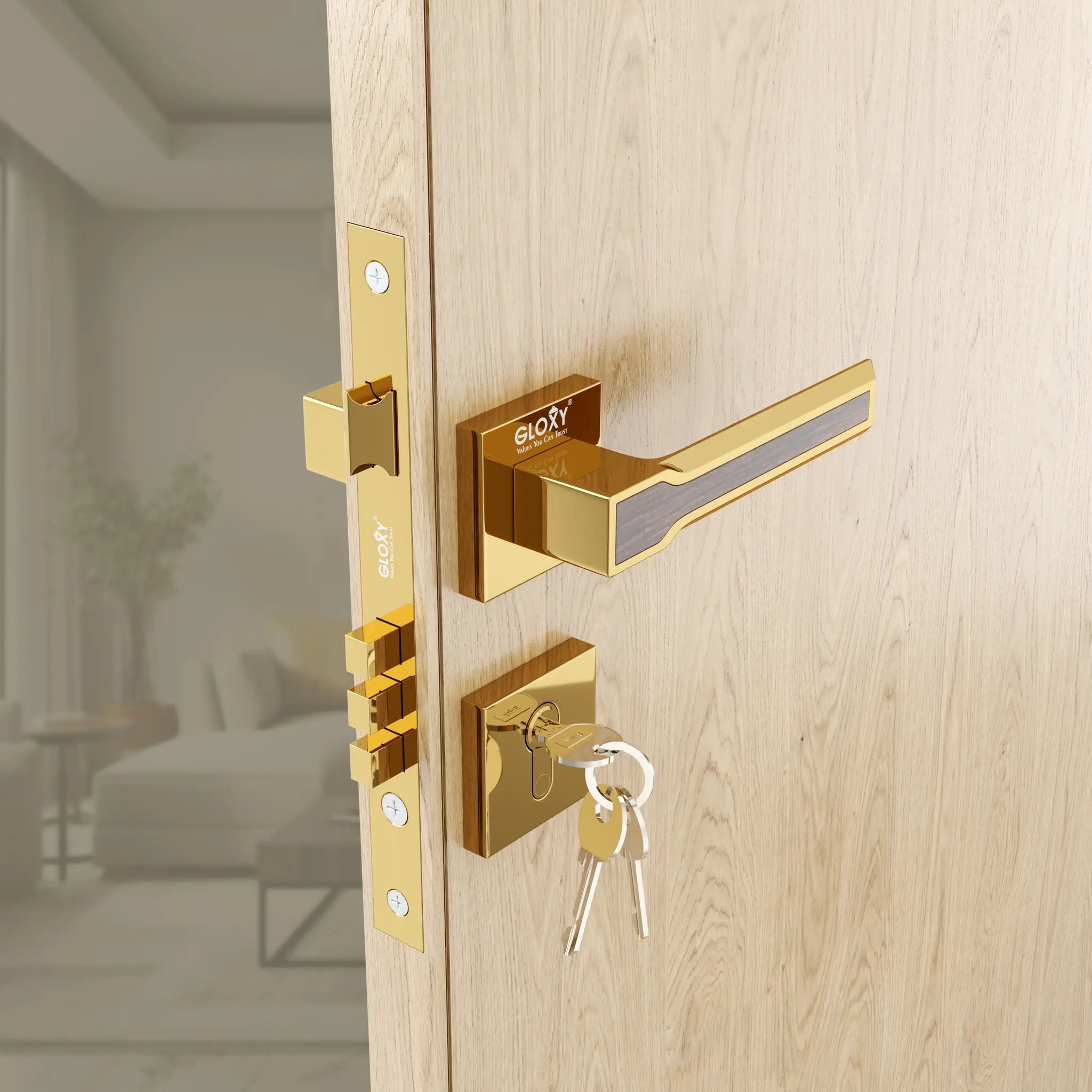 Gloxy Turox Series Gold Finish Mortise Main Door key Lock With Handle