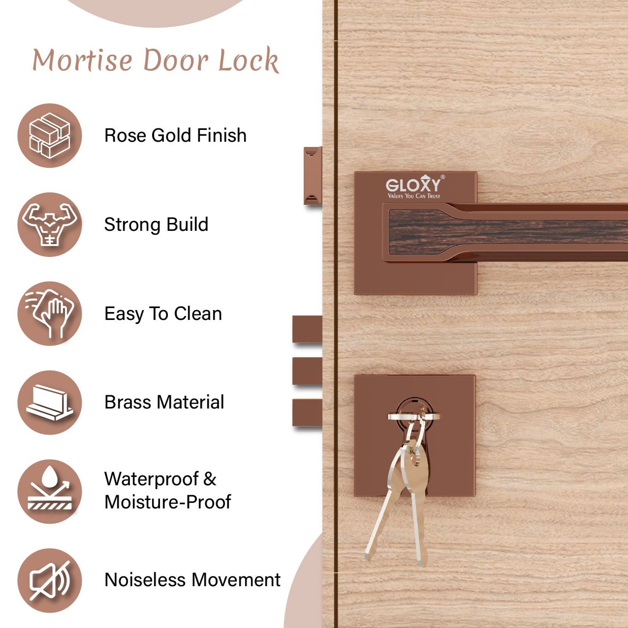 Mortise Door Handles Main Door Lock Handles Set with 3 Keys for Safety of Home | Bedroom, Office, Hotel, Home(Rose Gold)-by GLOXY®