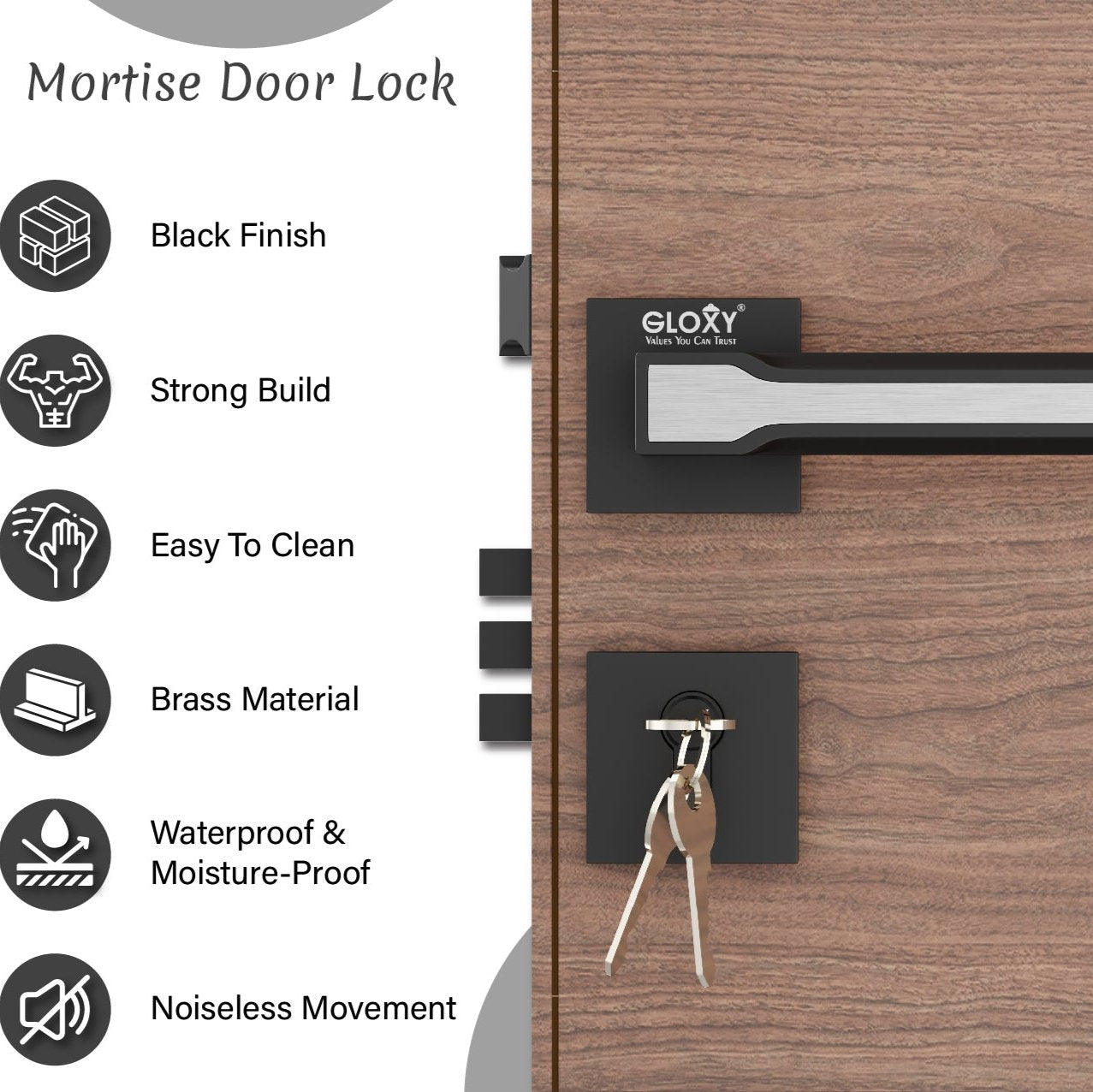 Mortise Door Handles Main Door Lock Handles Set with 3 Keys for Safety of Home | Bedroom, Office, Hotel, Home(Black)-by GLOXY®