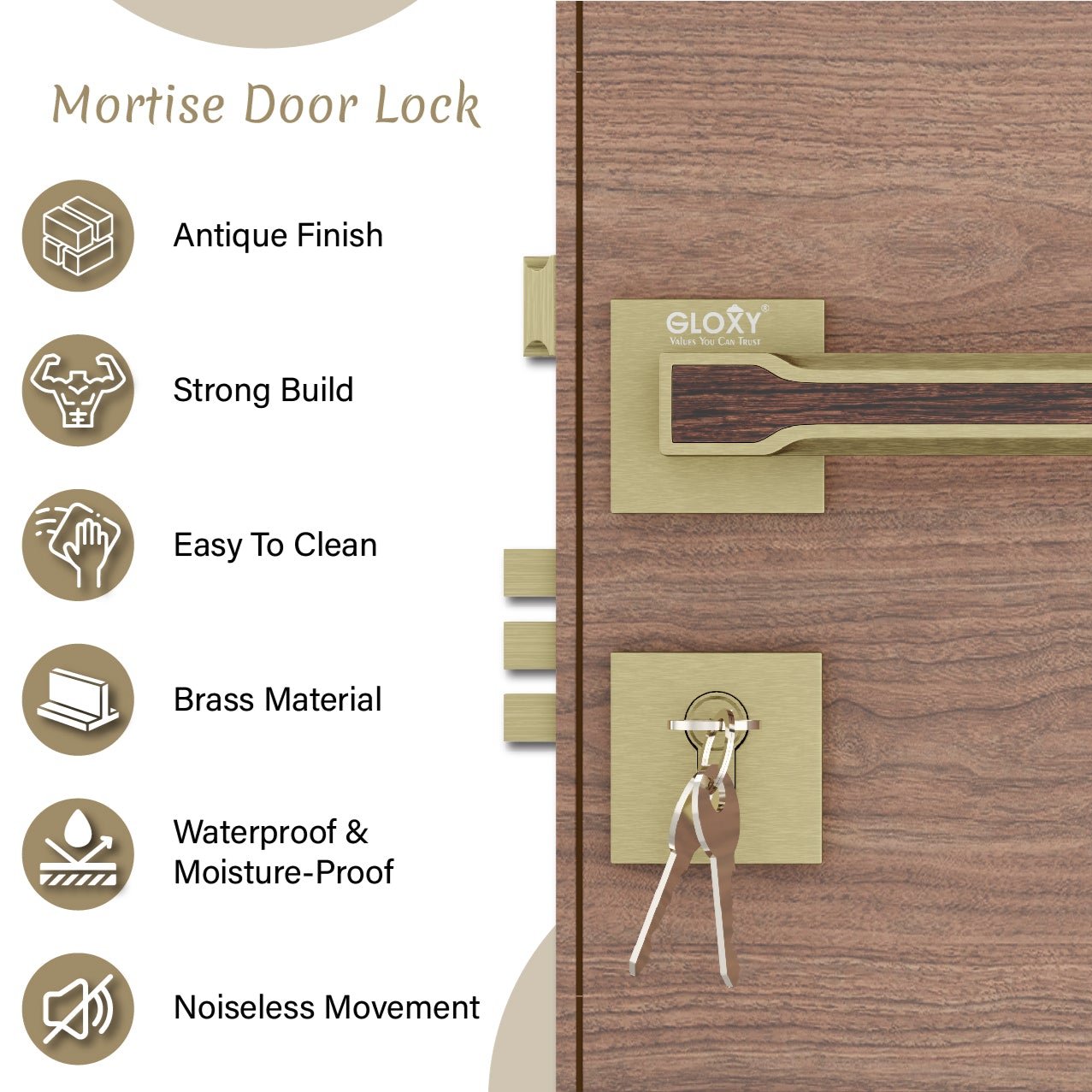 Mortise Door Handles Main Door Lock Handles Set with 3 Keys for Safety of Home | Bedroom, Office, Hotel, Home(Antique)-by GLOXY®