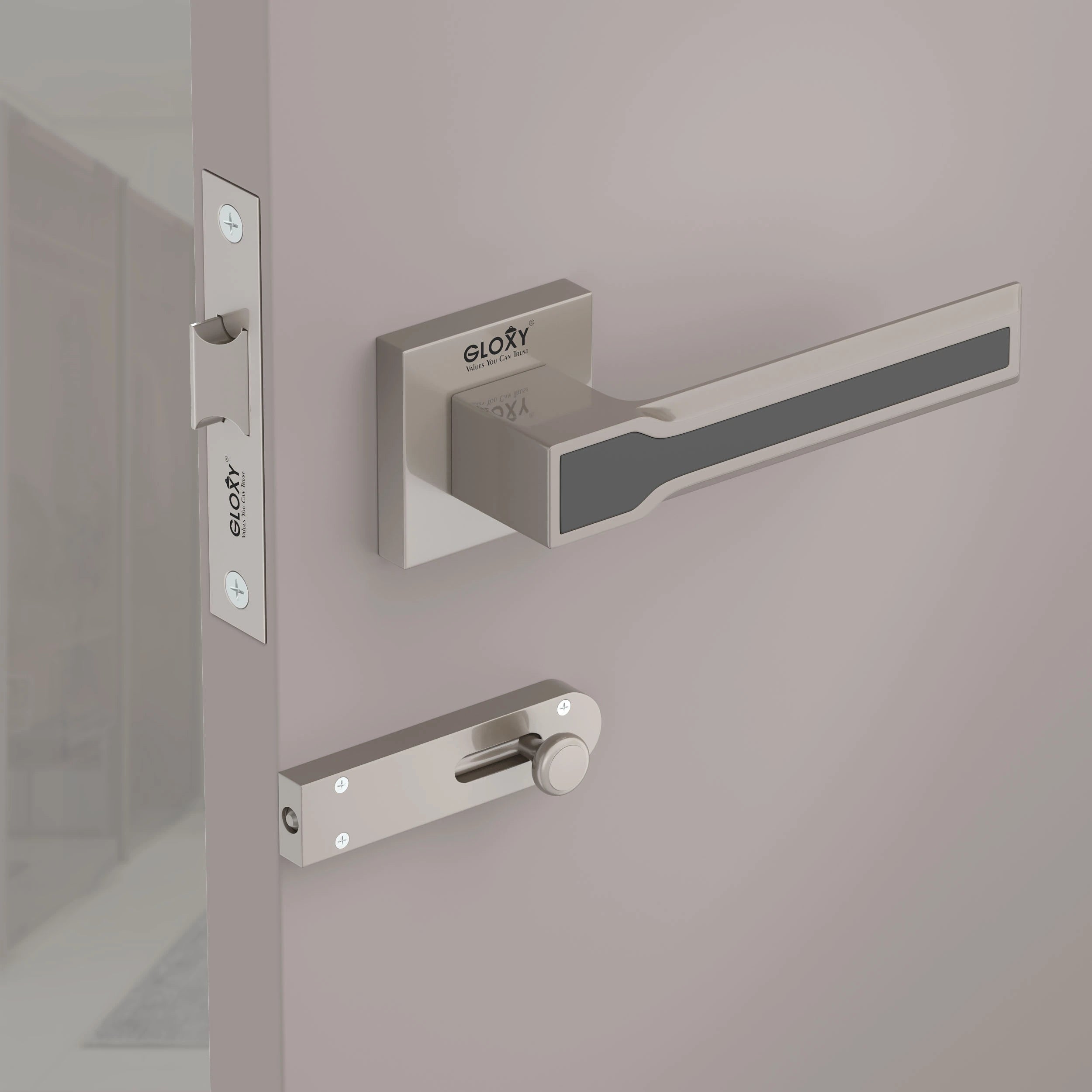 Gloxy Torin Series Satin Chrome Finish Mortise Bathroom Door Latch Lock With Handle