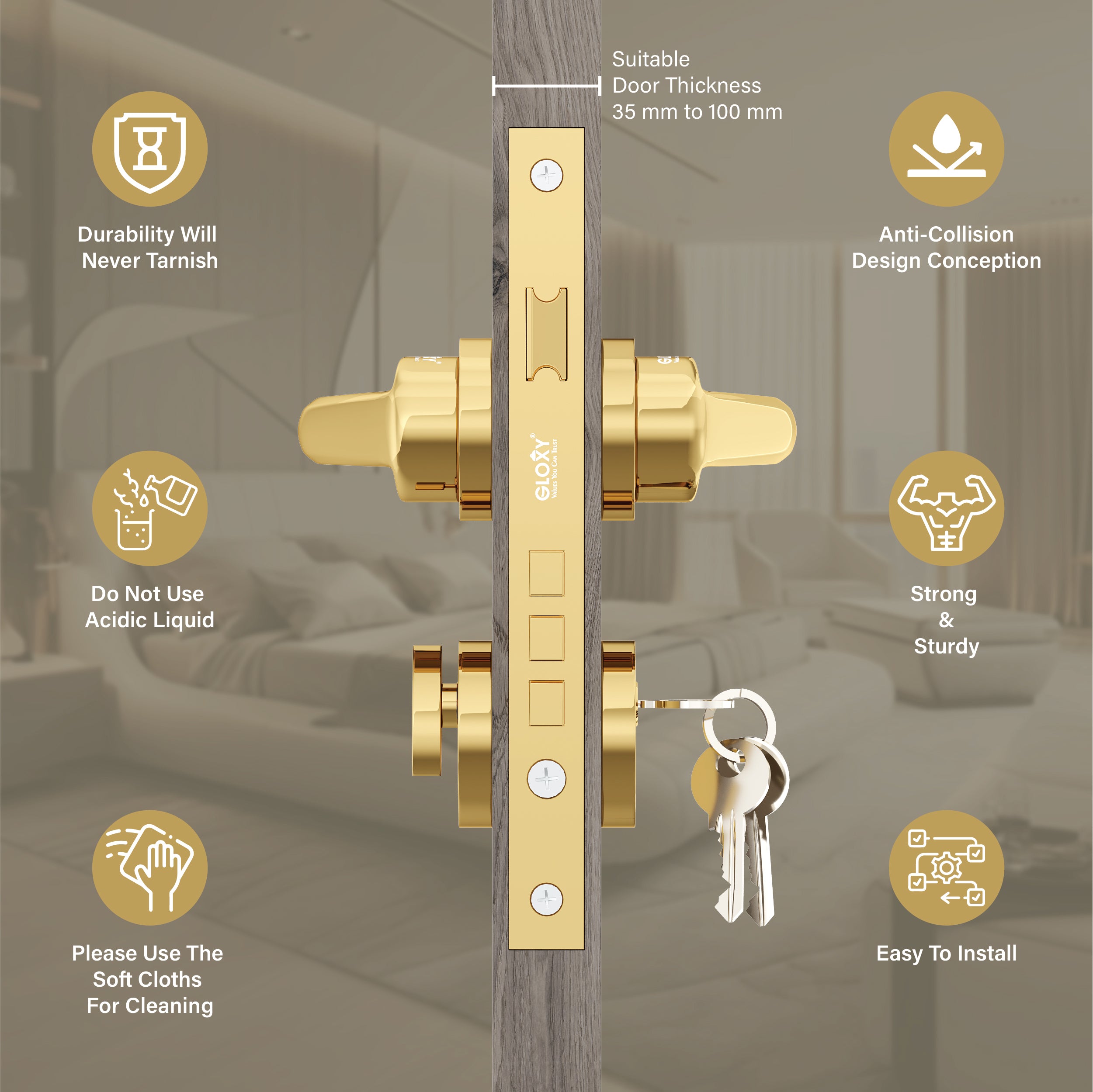 Mortise Door Handles Main Door Lock Handles Set with 3 Keys for Safety of Home | Bedroom, Office, Hotel, Home(Gold)-by GLOXY®