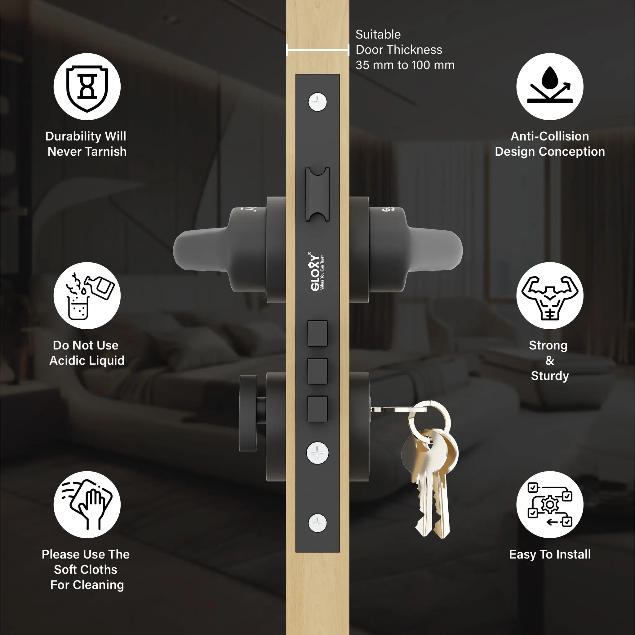 Gloxy Navior Series Black Finish Mortise Main Door key Lock With Handle