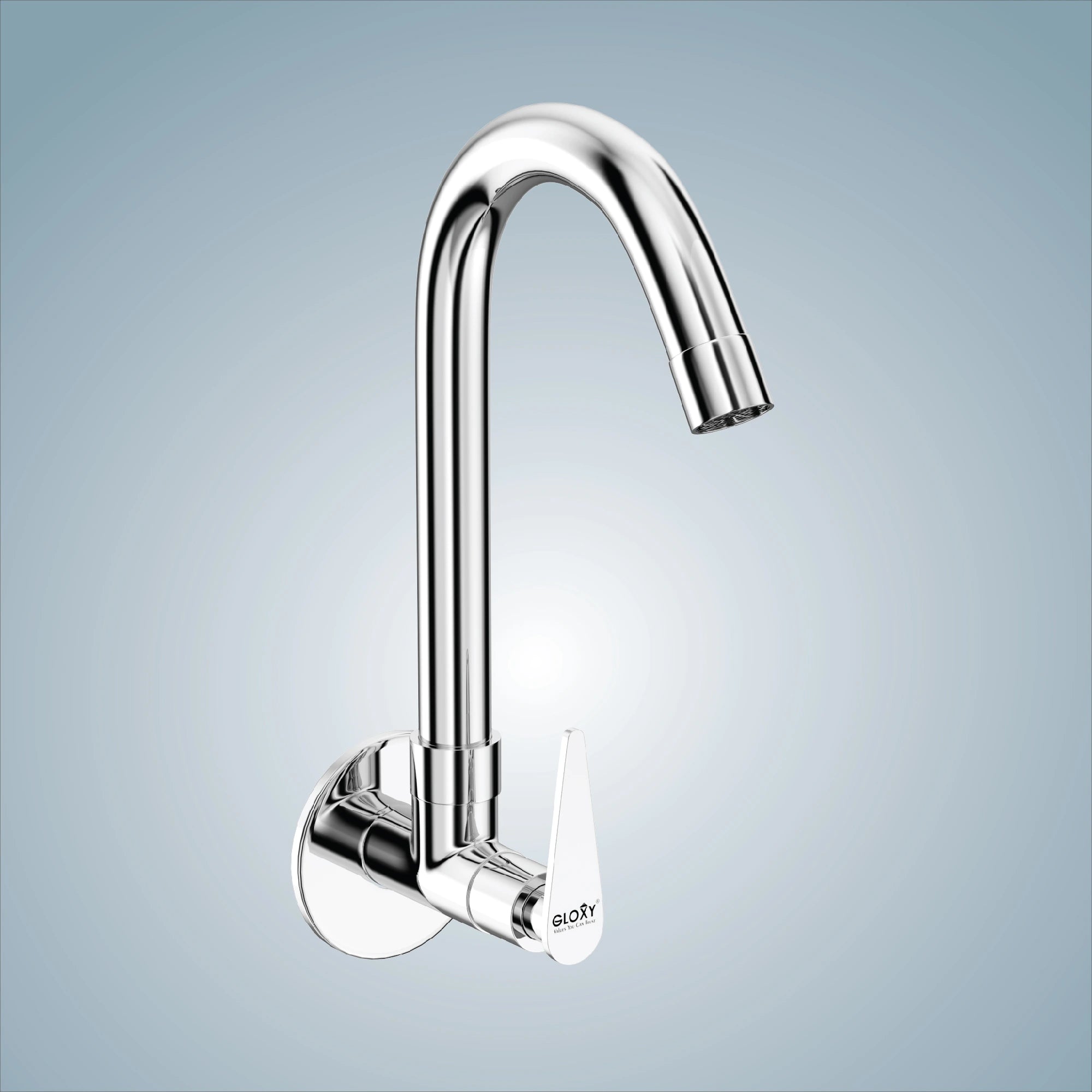 Chrome Finish 360 Degree Swivel Spout Wall Mount Swan Long Neck Single Lever Faucet Tap Cock for Kitchen, Sink, Wash Basin (Nano)-by GLOXY®