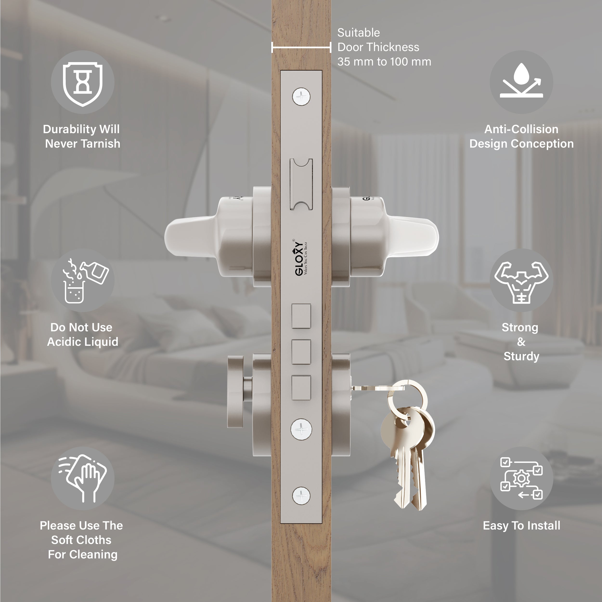 Mortise Door Handles Main Door Lock Handles Set with 3 Keys for Safety of Home | Bedroom, Office, Hotel, Home(Satin Chrome)-by GLOXY®