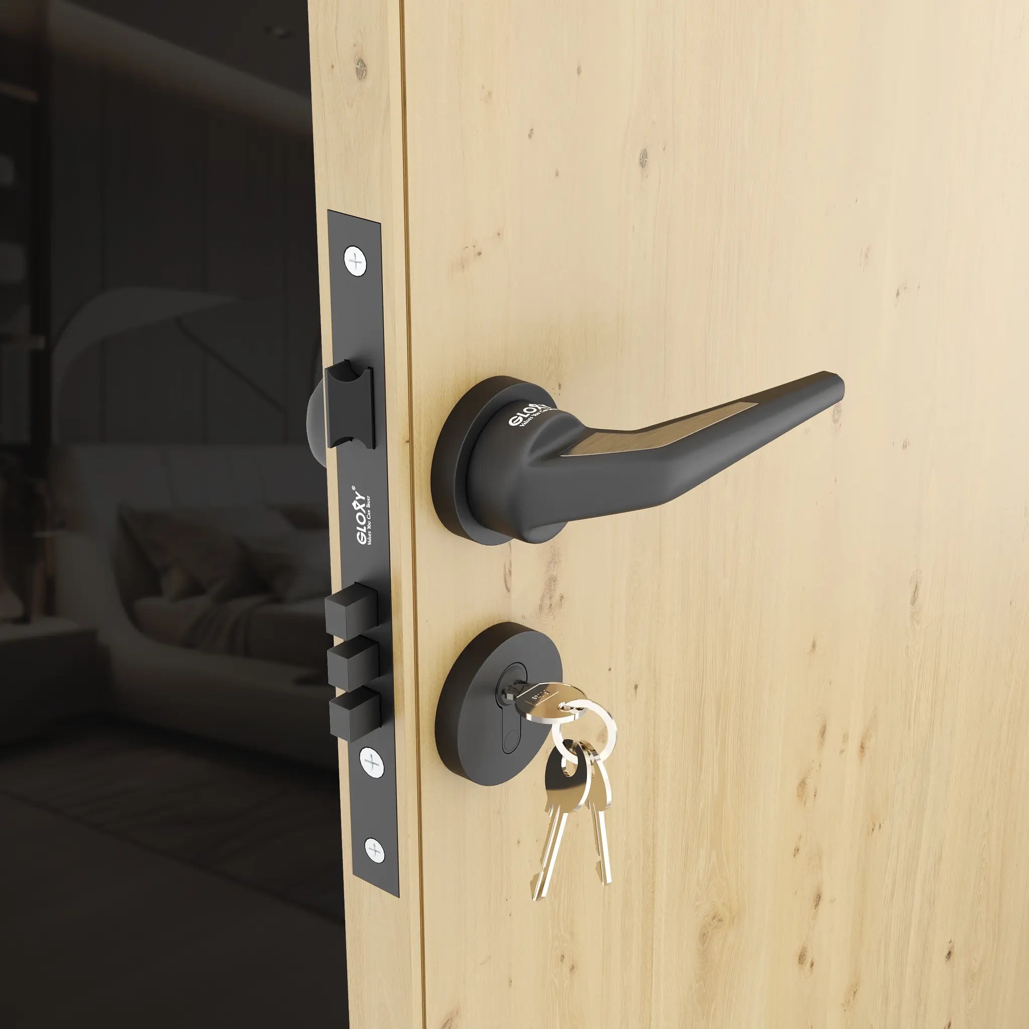 Gloxy Navior Series Black Finish Mortise Main Door key Lock With Handle
