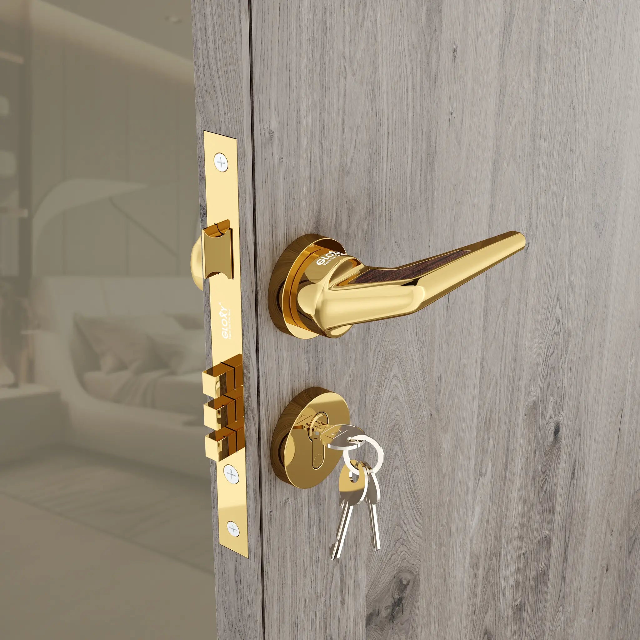 Gloxy Navior Series Gold Finish Mortise Main Door key Lock With Handle