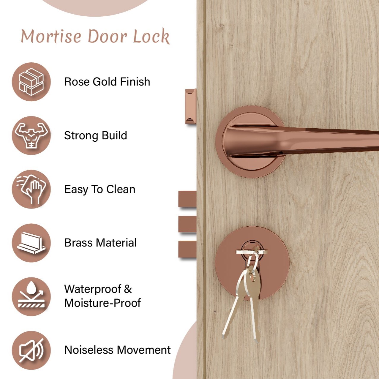 Mortise Door Handles Main Door Lock Handles Set with 3 Keys for Safety of Home | Bedroom, Office, Hotel, Home(Rose Gold)-by GLOXY®