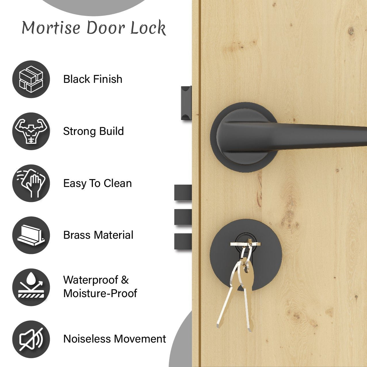 Mortise Door Handles Main Door Lock Handles Set with 3 Keys for Safety of Home | Bedroom, Office, Hotel, Home(Black)-by GLOXY®